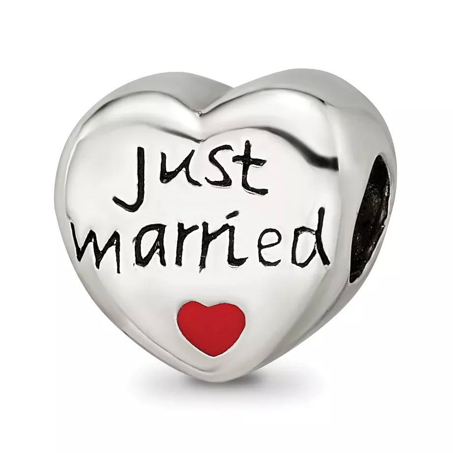 Sterling Silver 925 Just Married Heart Bead with Enamel Accents