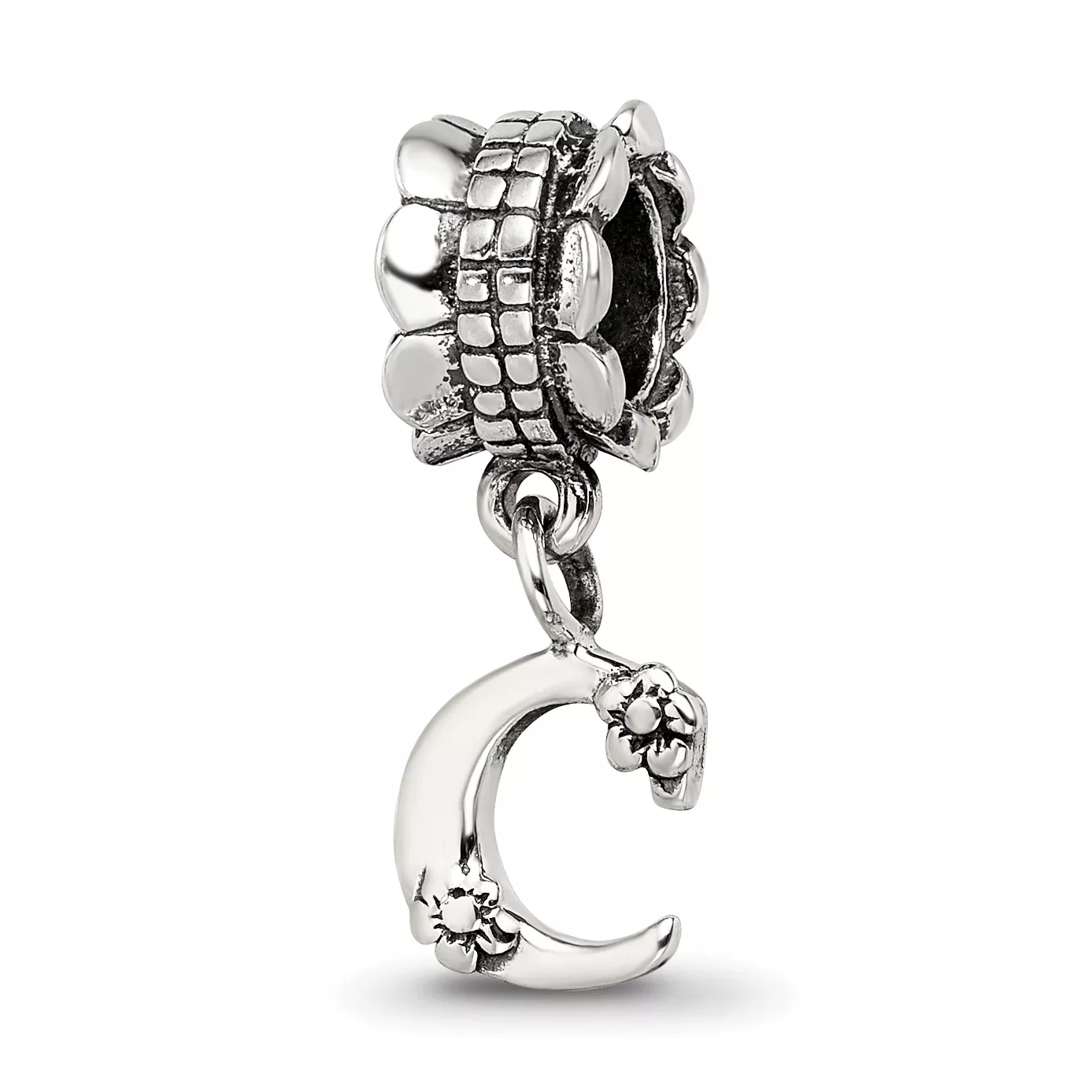 Sterling Silver 925 Letter C Dangle Bead with Antiqued Finish, Solid and Cast
