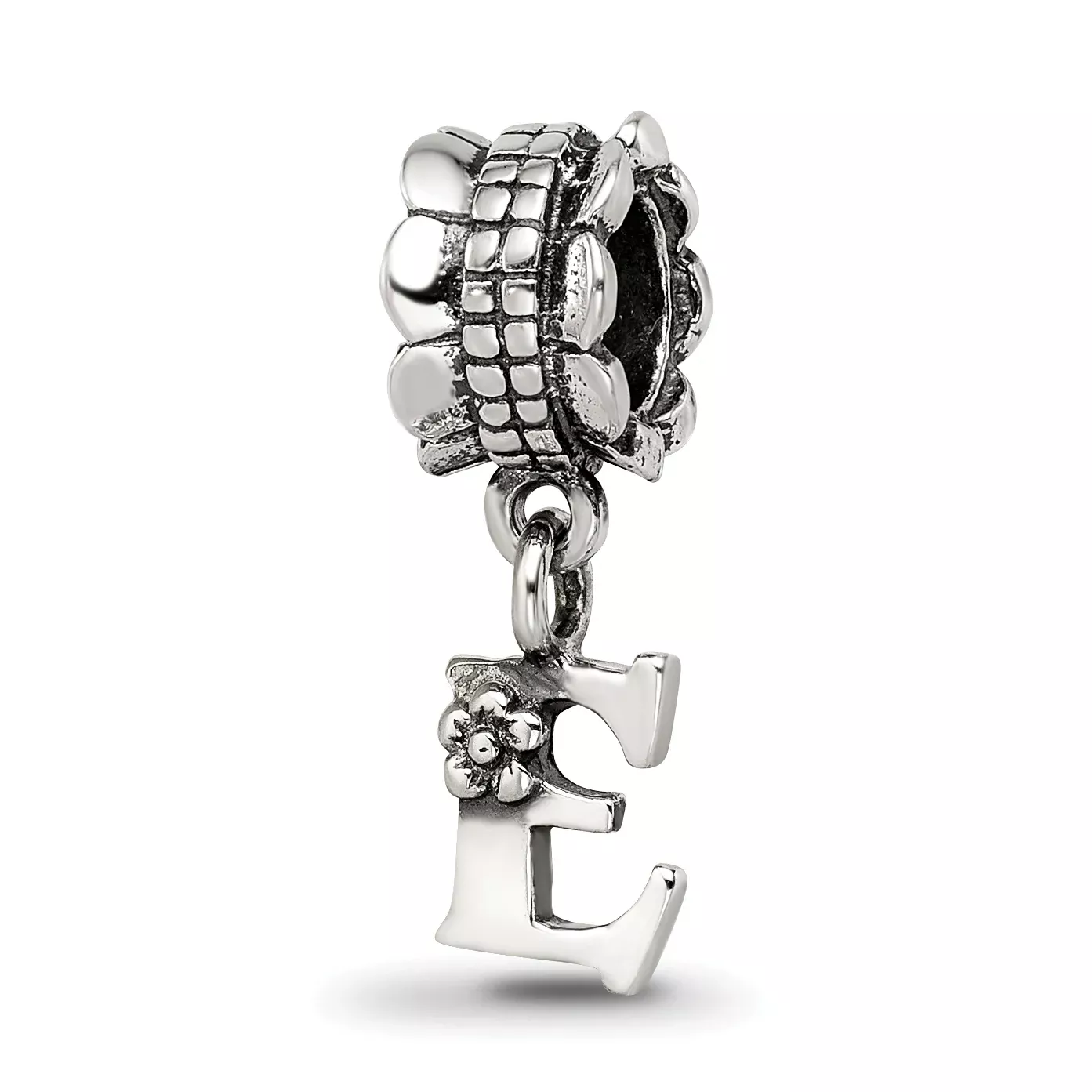 Sterling Silver 925 Letter E Dangle Bead with Antiqued Finish