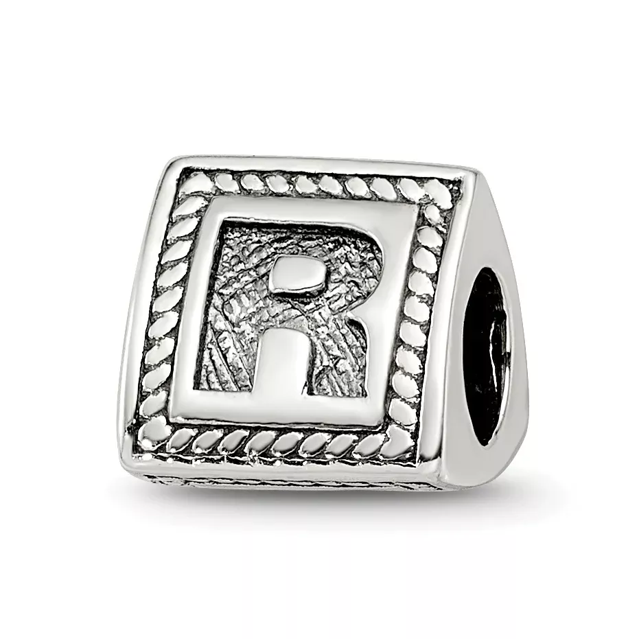 Sterling Silver 925 Letter R Bead with Antiqued Finish Block Design