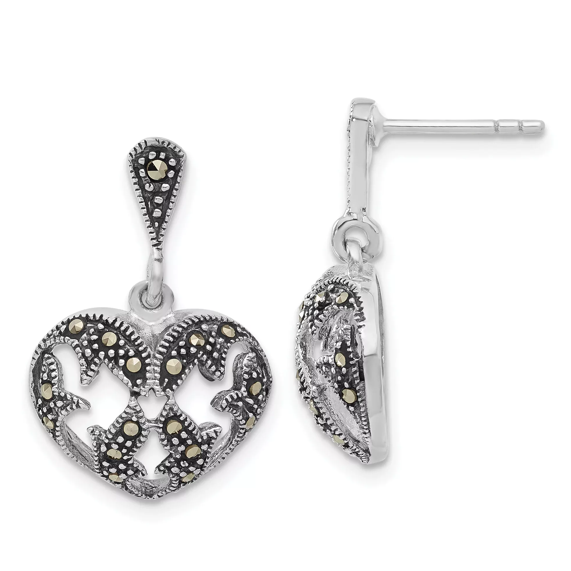 Sterling Silver 925 Marcasite Heart Dangle Earrings with Antiqued Finish