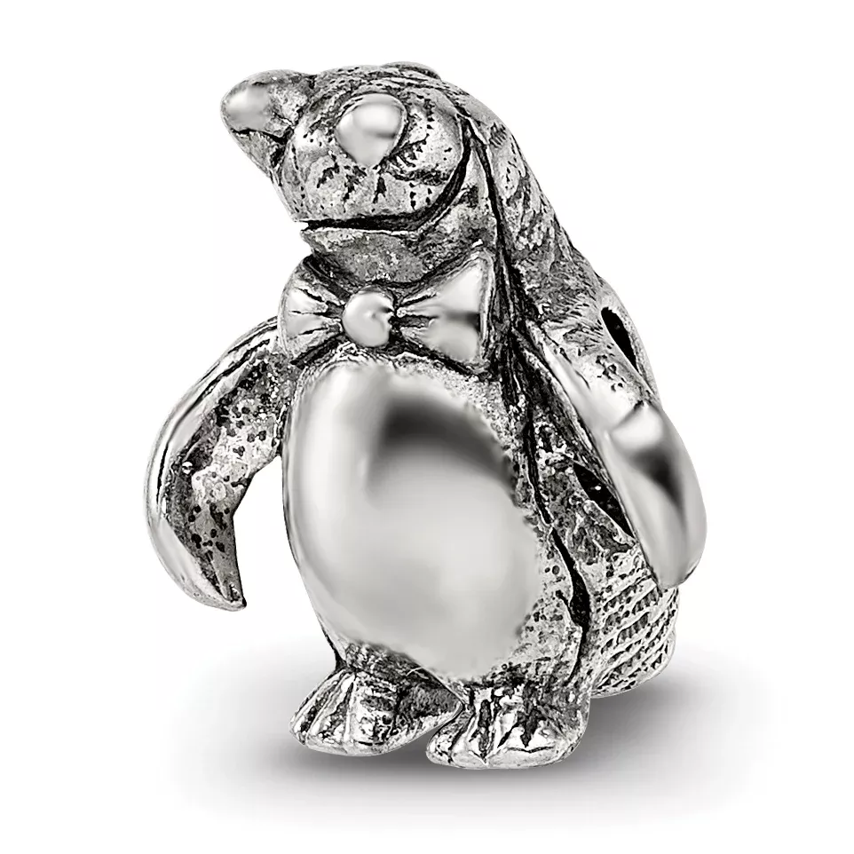 Sterling Silver 925 Penguin Bead with Antiqued Finish Solid Cast Design