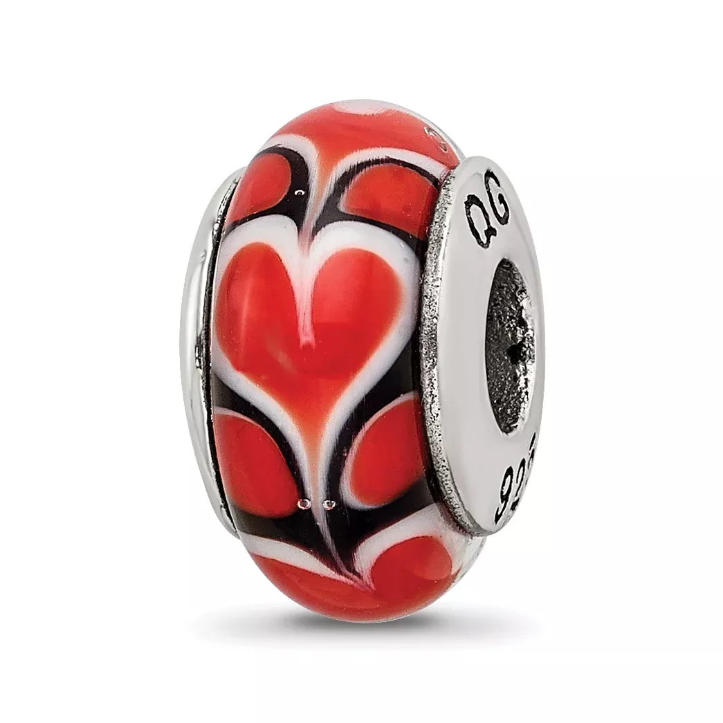 Sterling Silver 925 Red Heart Hand-Blown Glass Bead with Antiqued Finish