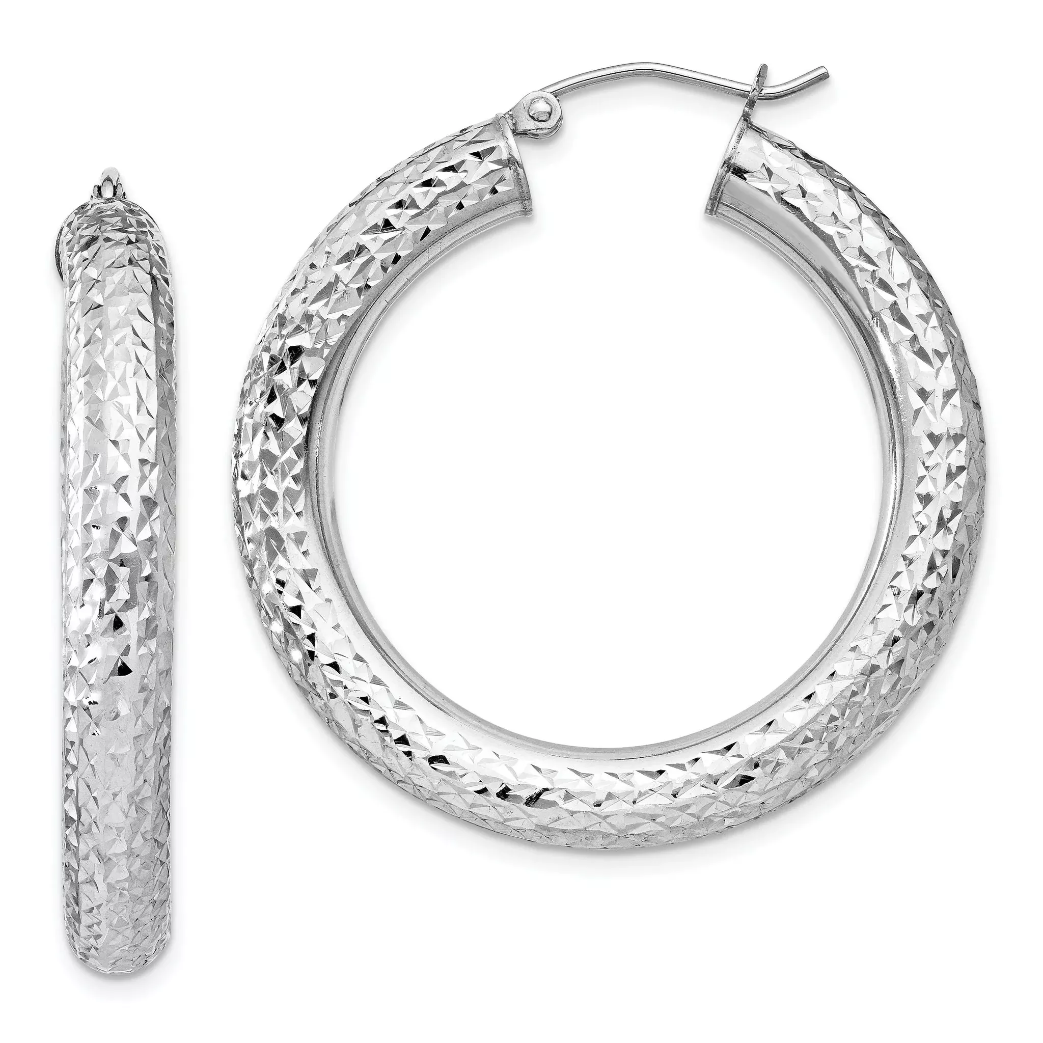 Sterling Silver 925 Rhodium-Plated Diamond-Cut Hoop Earrings 4.75mm Polished Finish