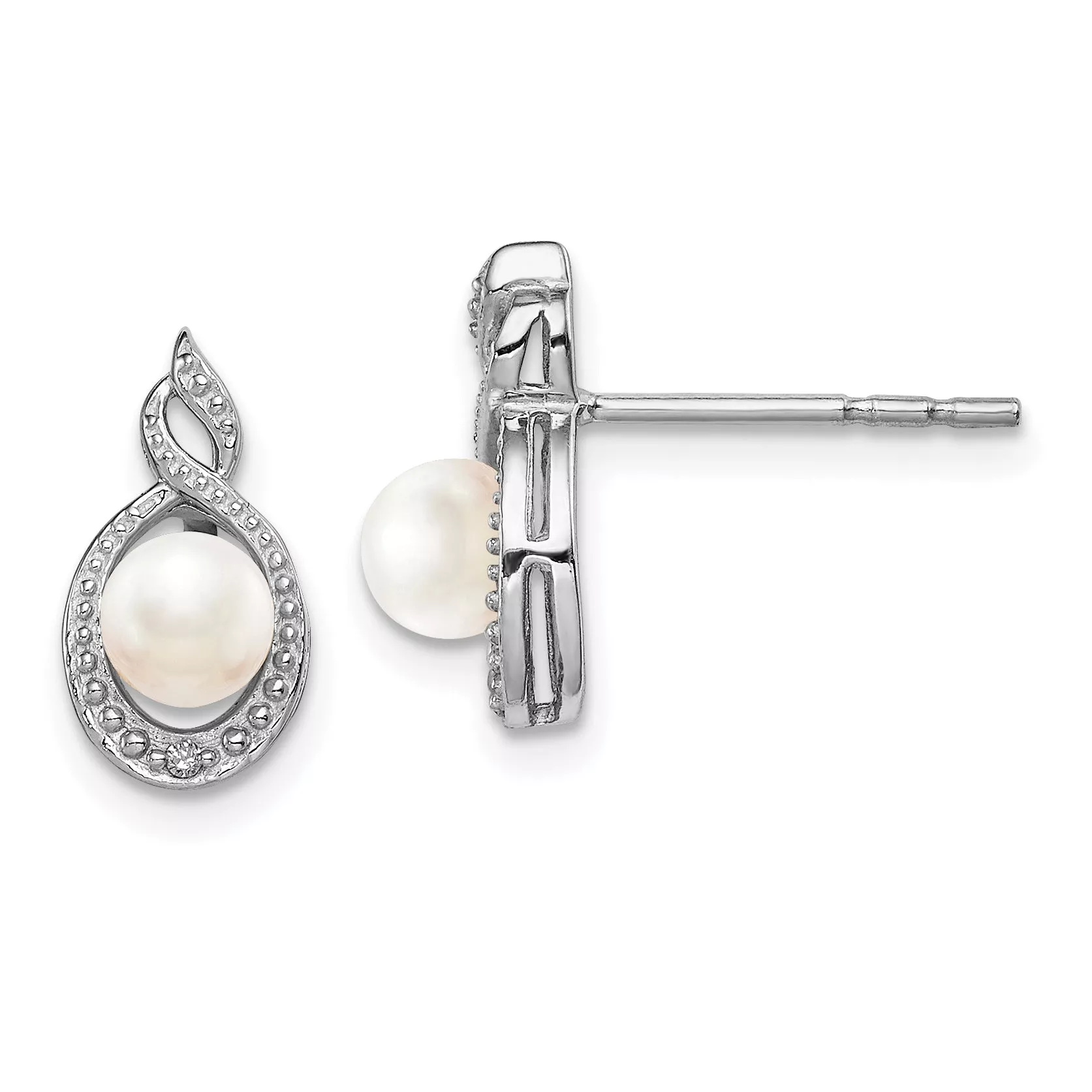 Sterling Silver 925 Rhodium-Plated Pearl & Diamond Button EarringsElegant June Birthstone