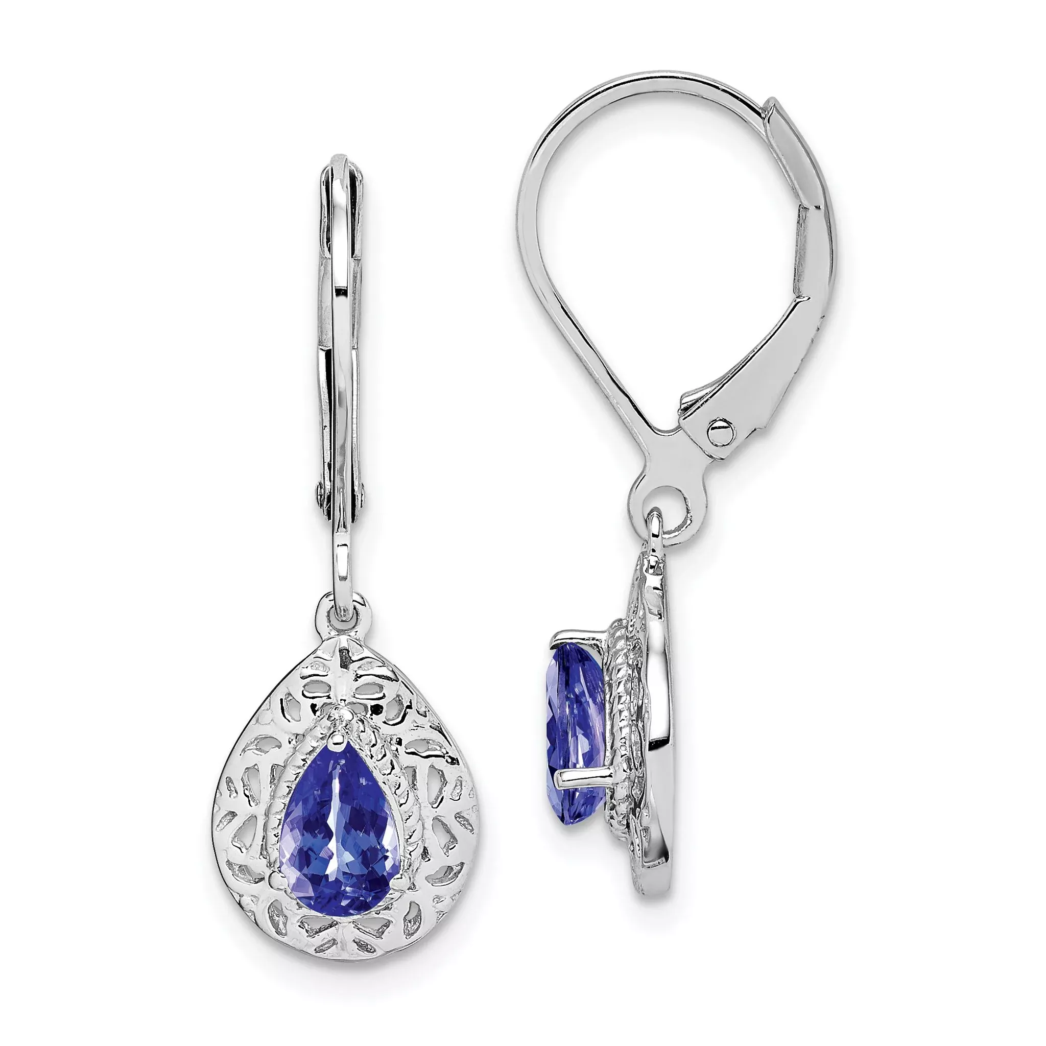 Sterling Silver 925 Rhodium-Plated Tanzanite Leverback Earrings Pear-Cut Dangle