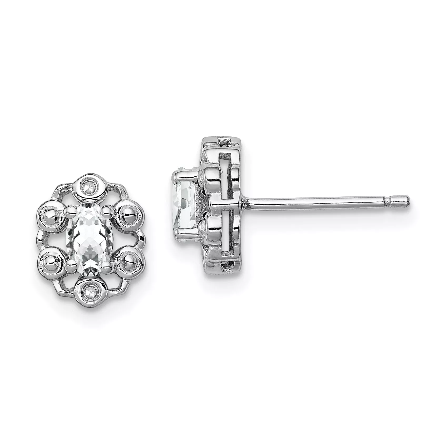 Sterling Silver 925 Rhodium-Plated White Topaz & Diamond Button Earrings