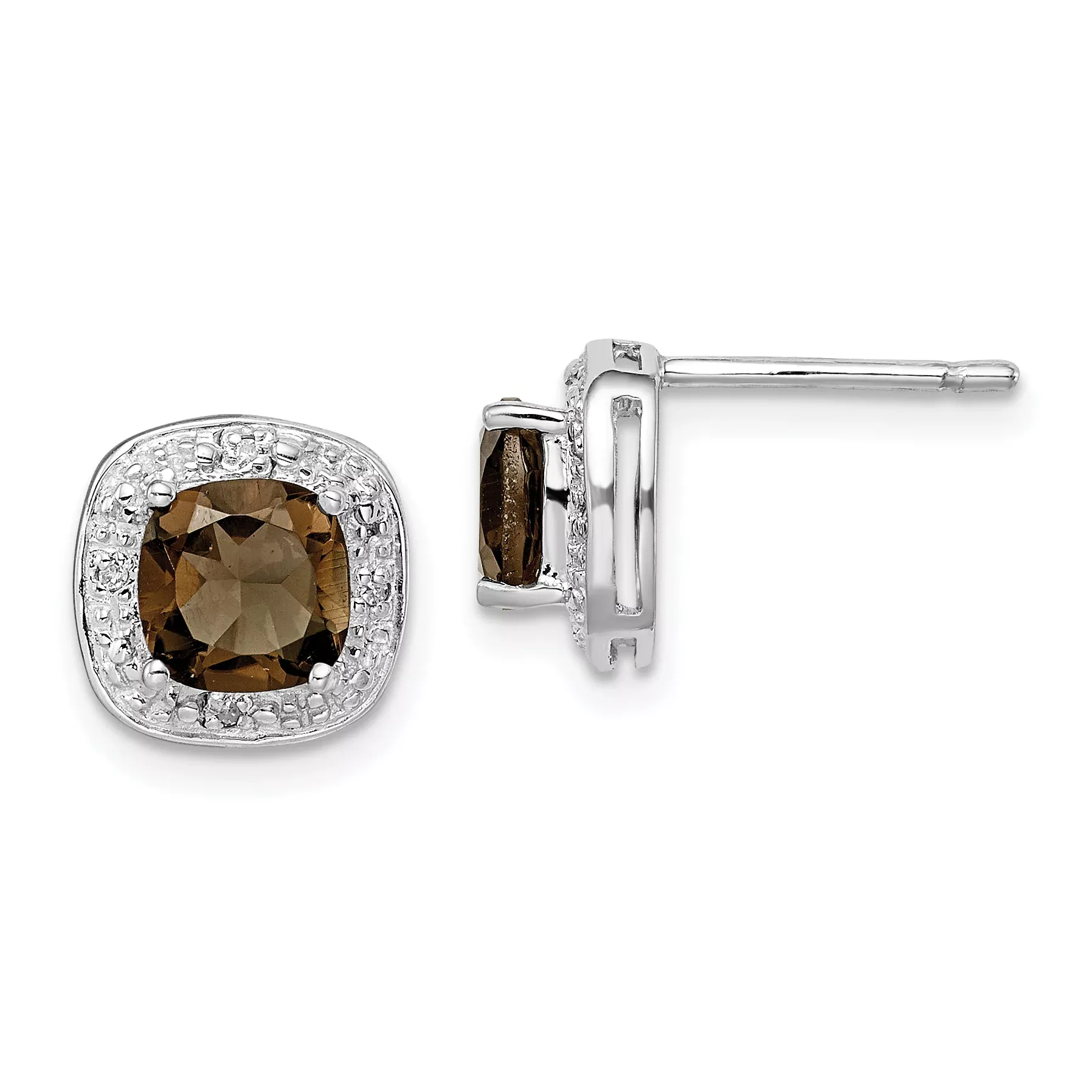 Sterling Silver 925 Smoky Quartz and Diamond Post EarringsElegant Rhodium Finish