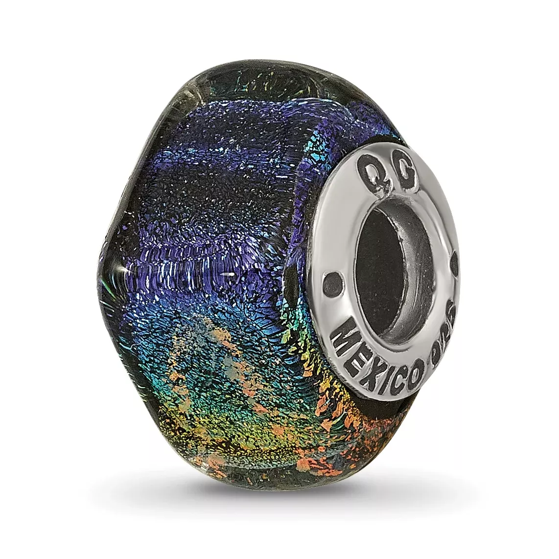 Sterling Silver 925 Square Glass Bead with Rainbow Dichroic Finish