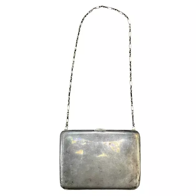 Sterling Silver Antique Edwardian British Evening Clutch Purse with Chain-1900s