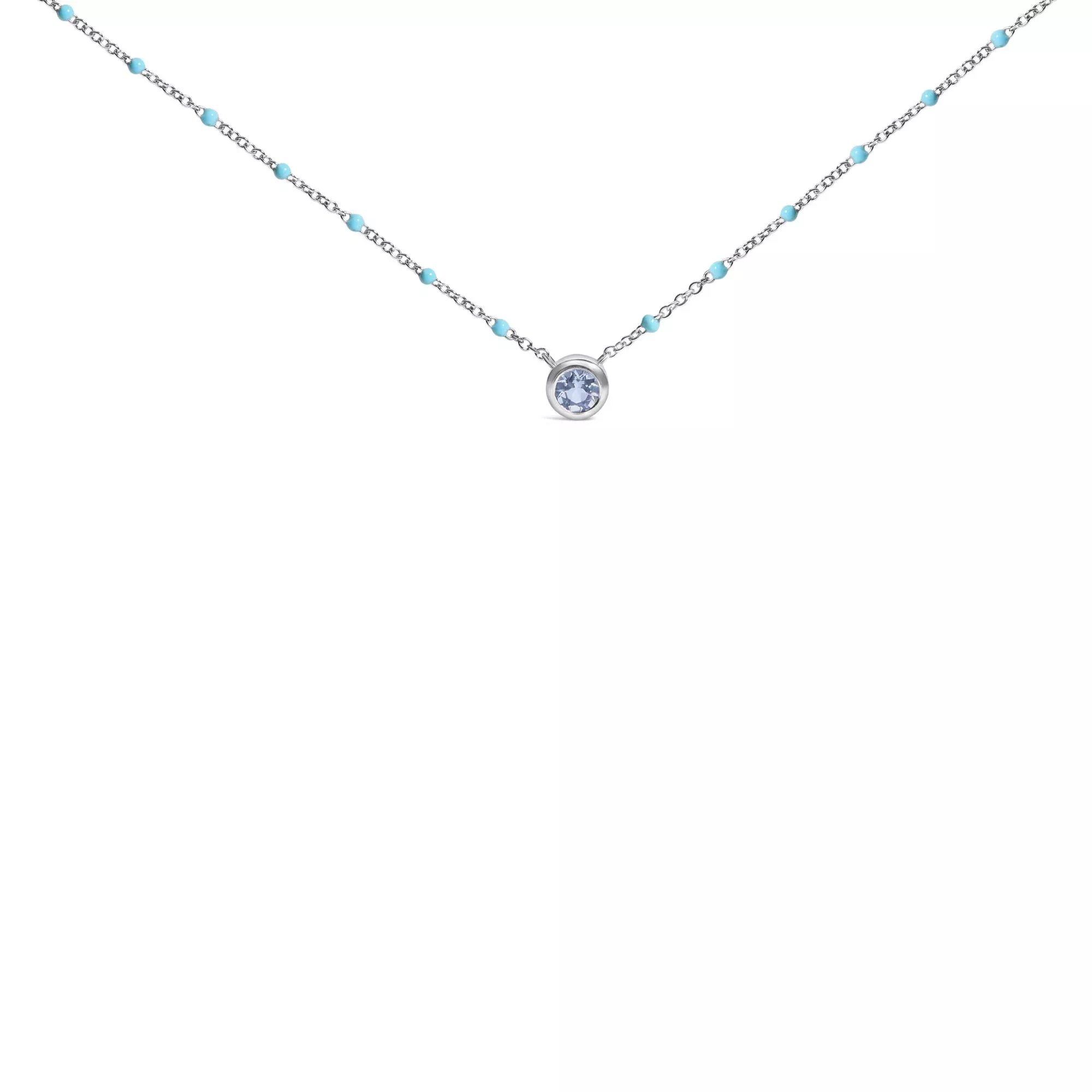 Sterling Silver Bezel Set Light Blue Aquamarine and Enamel Bead Chain Necklace