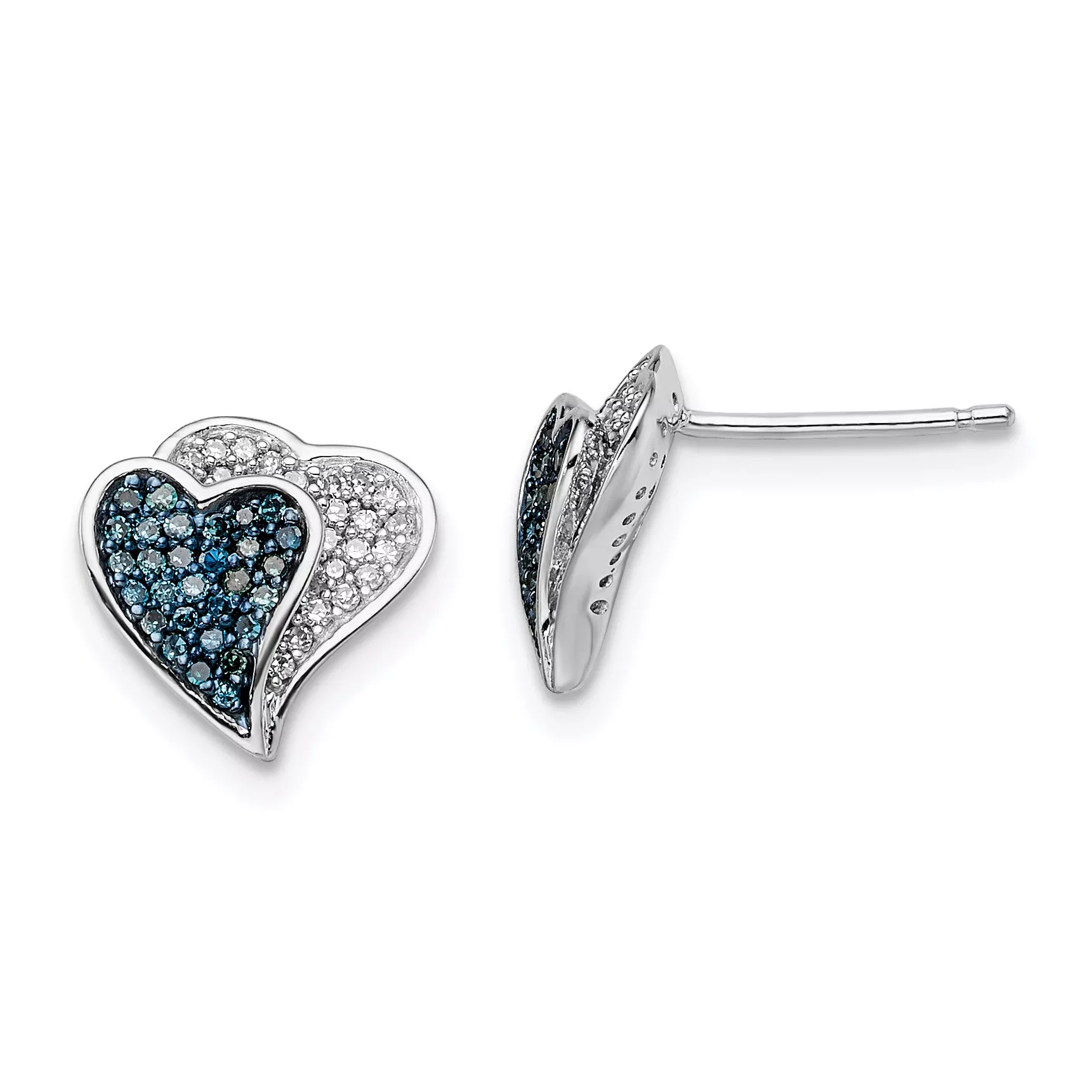 Sterling Silver Blue & White Diamond Heart Earrings Rhodium Plated Gift Ready
