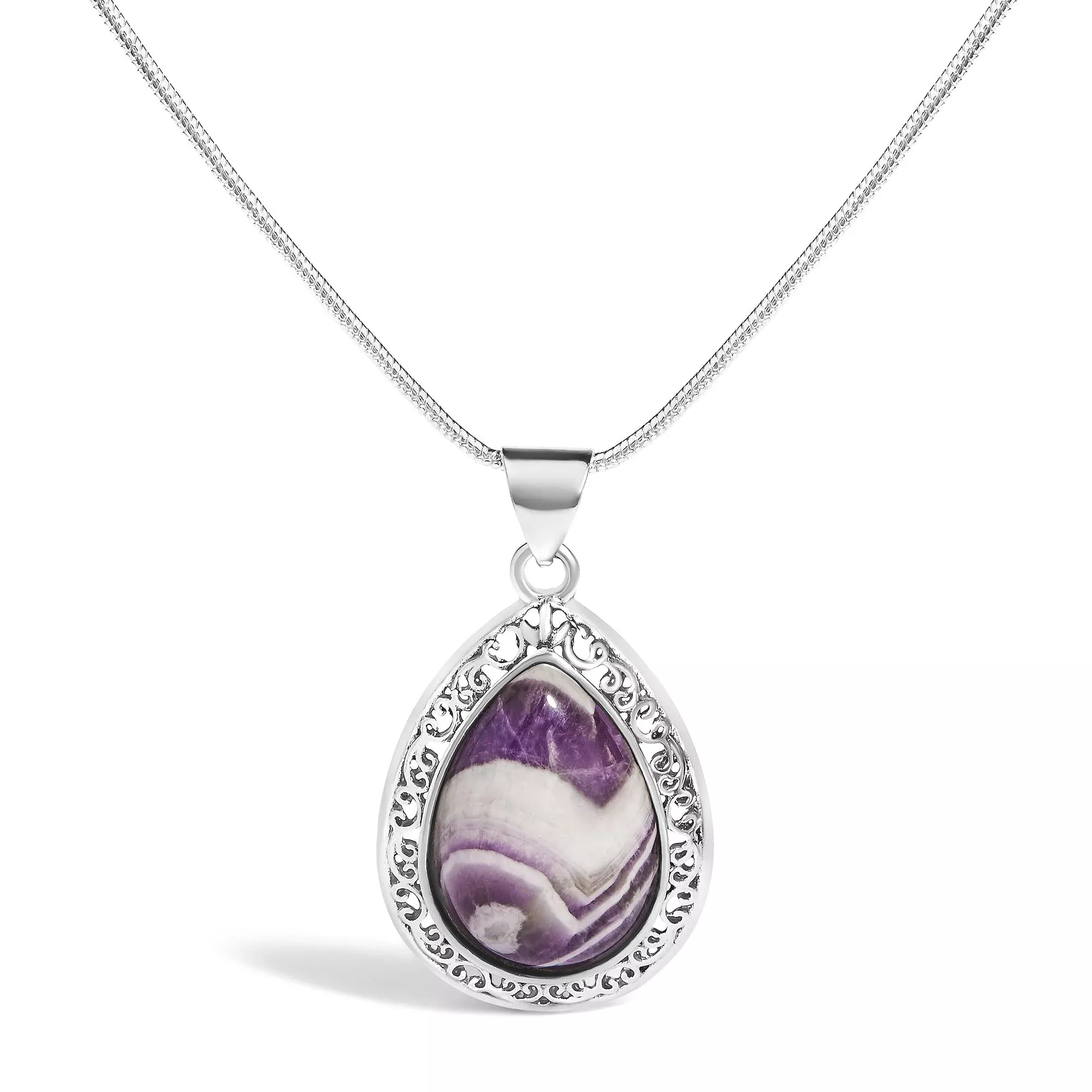 Sterling Silver Chevron Amethyst Teardrop Pendant Necklace