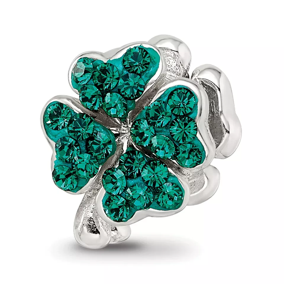 Sterling Silver Clover Bead with Green Crystal and Antiqued Finish