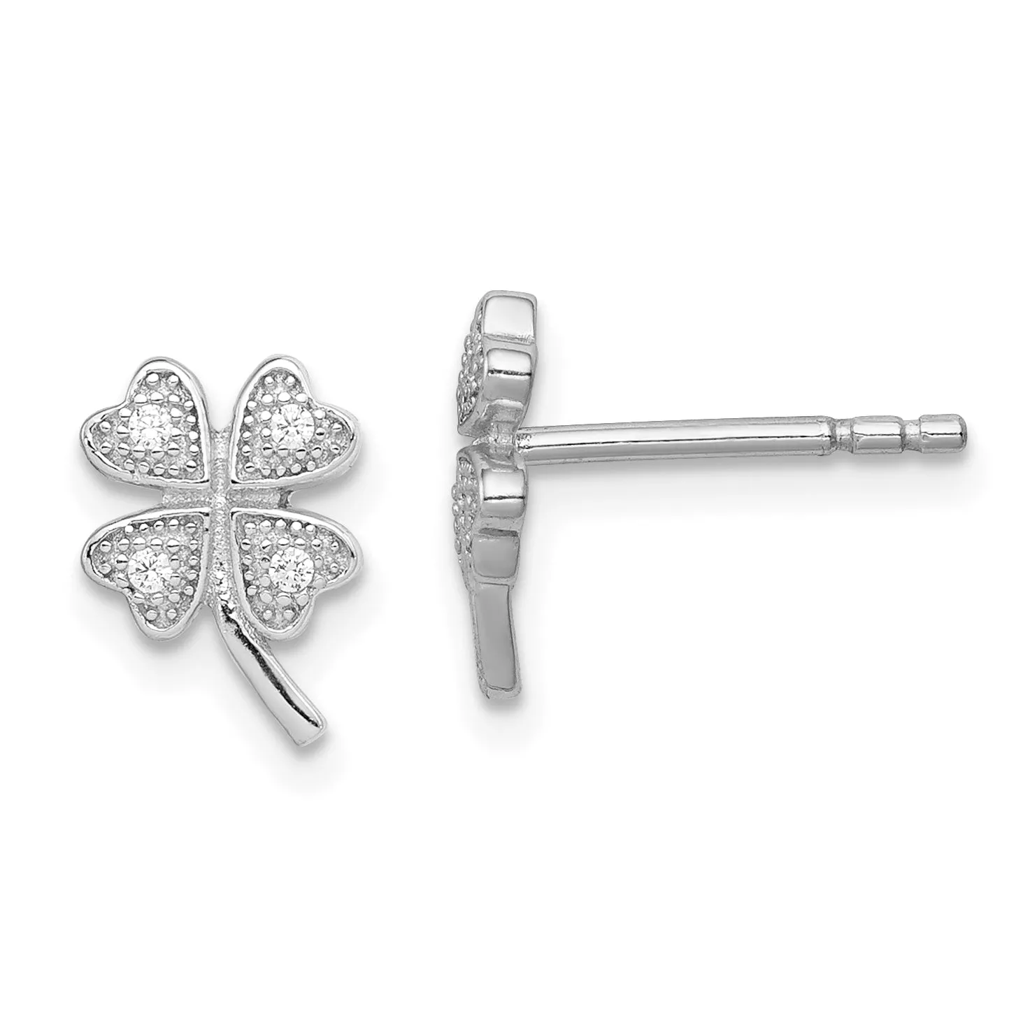 Sterling Silver CZ 4 Leaf Clover Earrings with Rhodium Finish
