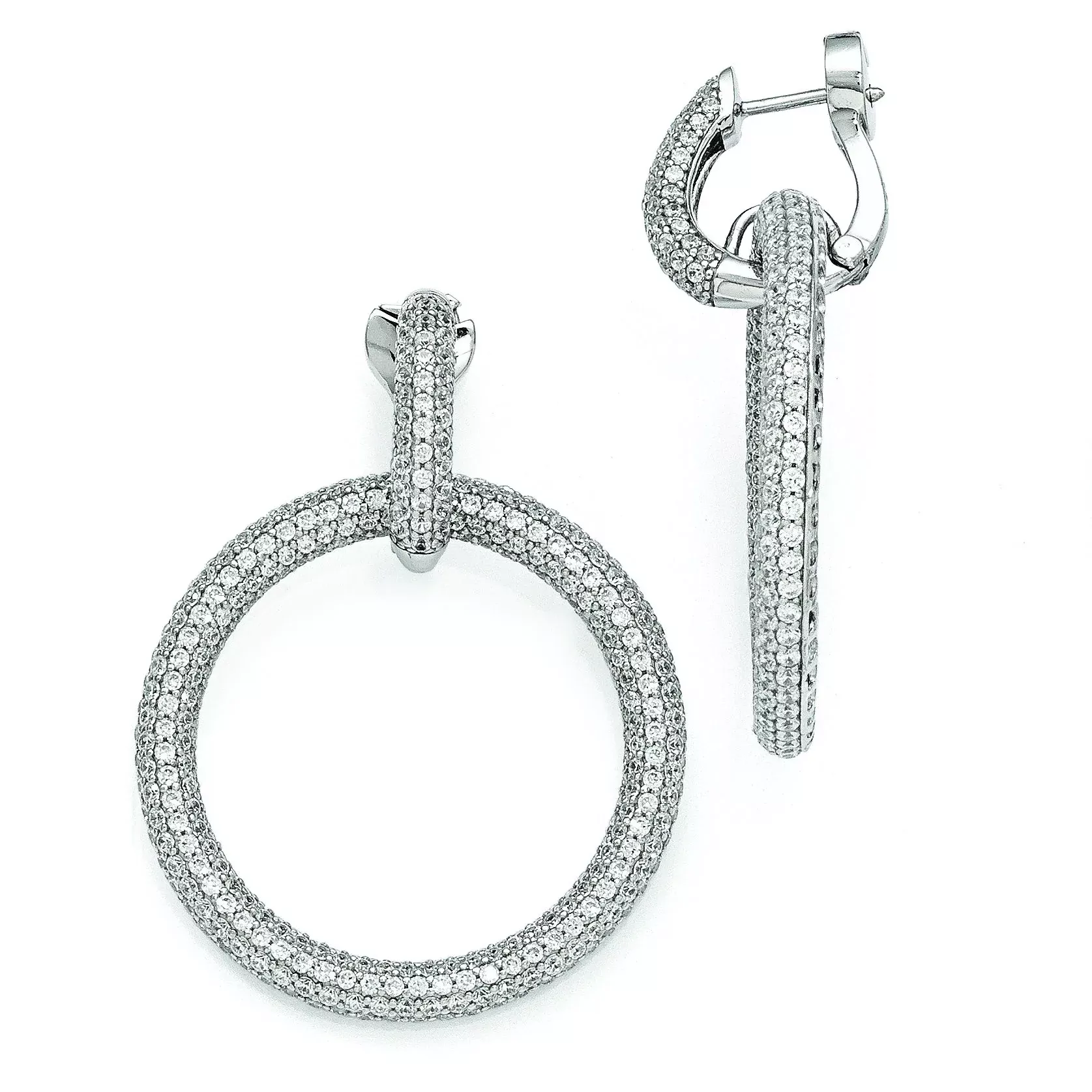 Sterling Silver CZ Dangle Hoop Earrings with Rhodium Plating