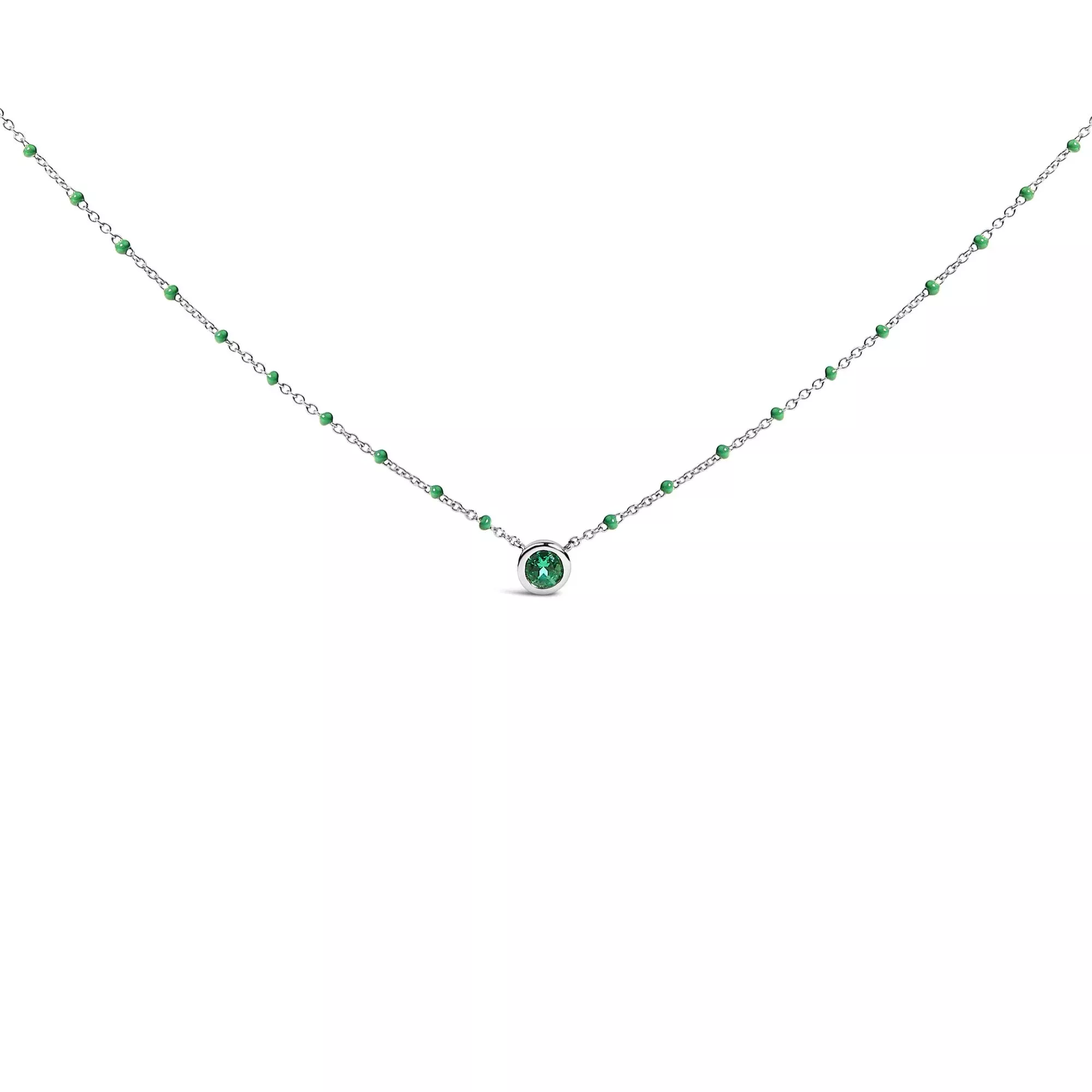 Sterling Silver Lab Created Emerald Bead Chain Necklace