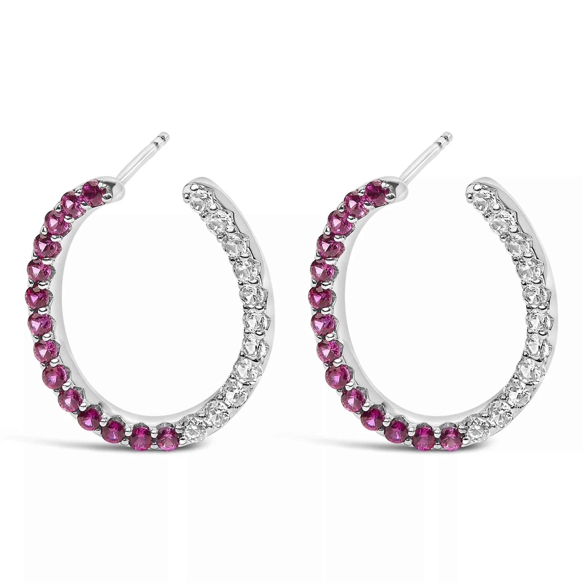 Sterling Silver Lab Created Ruby and White Sapphire Hoop Earrings