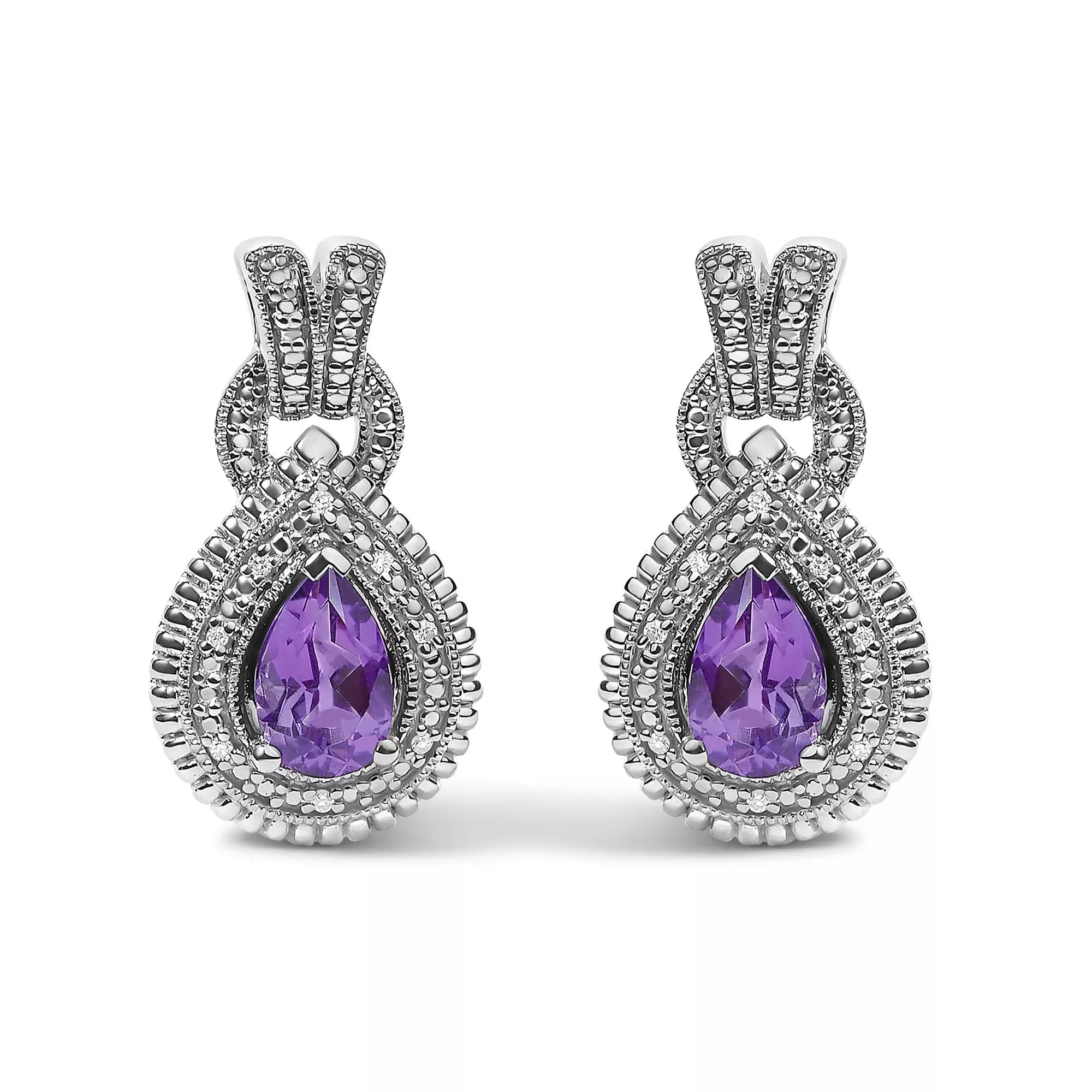 Sterling Silver Pear Cut Amethyst and Diamond Accent Teardrop Stud Earrings