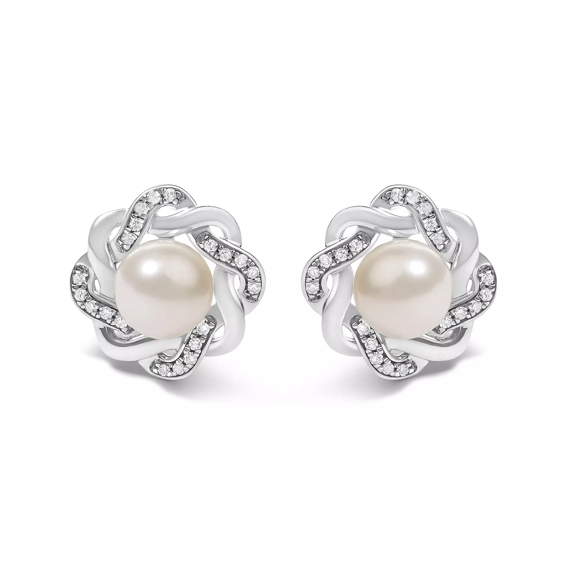 Sterling Silver Pearl and 1/10 Cttw Diamond Floral Twist Stud Earrings