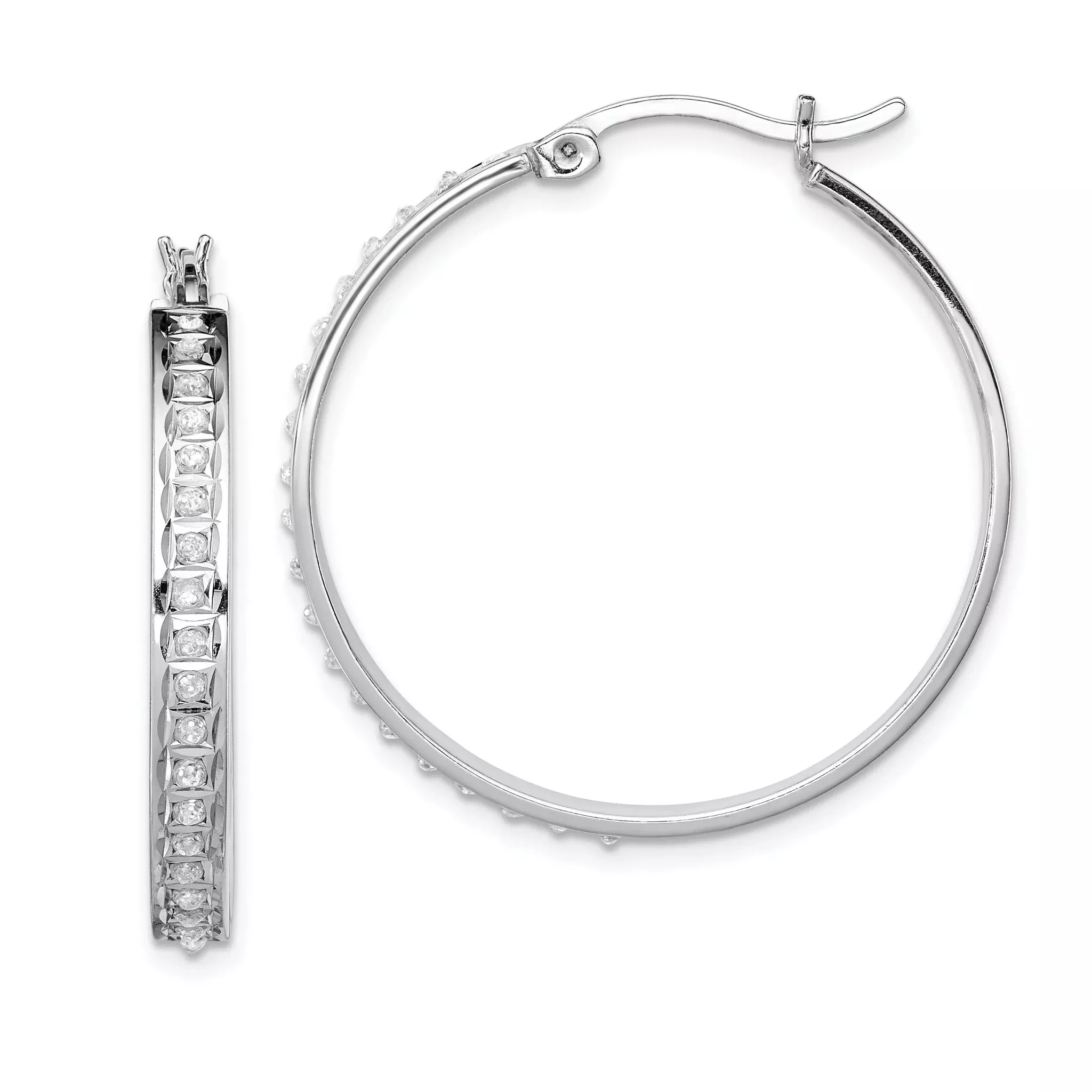Sterling Silver Platinum-Plated Diamond Hoop Earrings 30mm Elegant Polished Finish