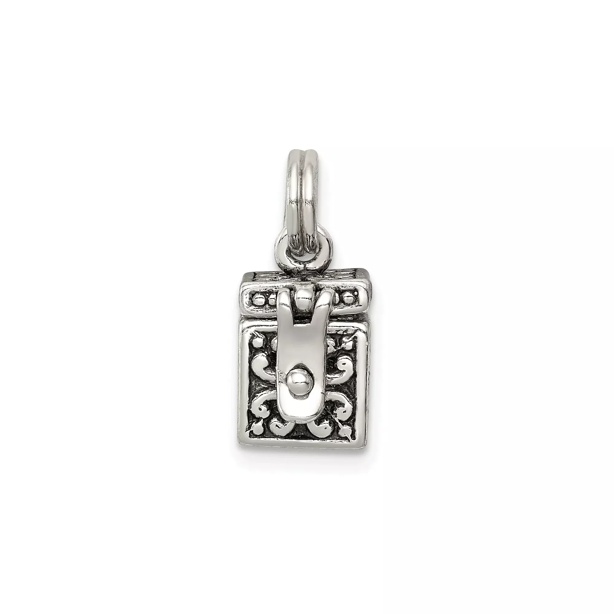 Sterling Silver Prayer Box Pendant with Ornate Scrollwork, Hinged Locket Charm