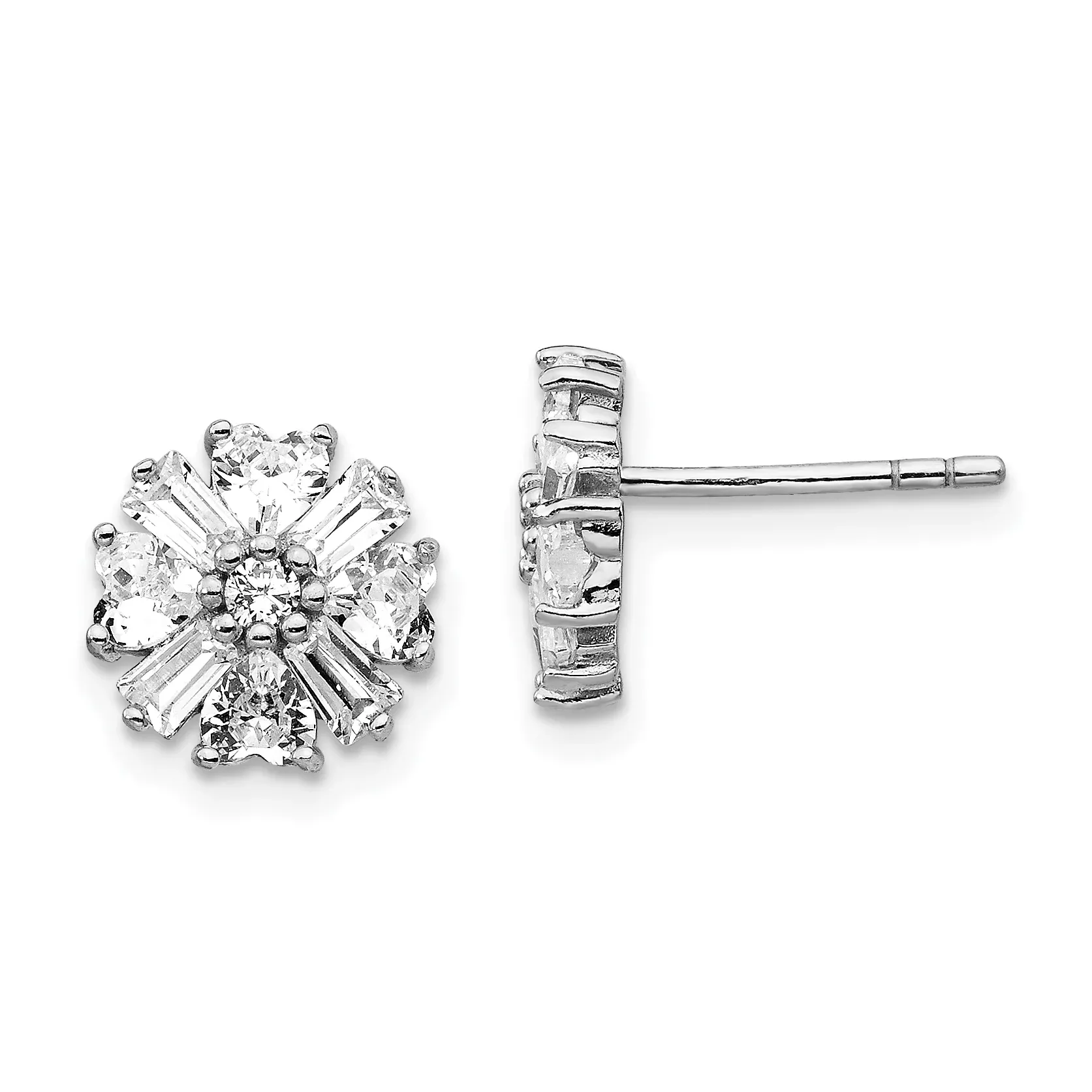 Sterling Silver Rhodium-Plated CZ Cluster Post Earrings with Emerald-Cut & Round Stones
