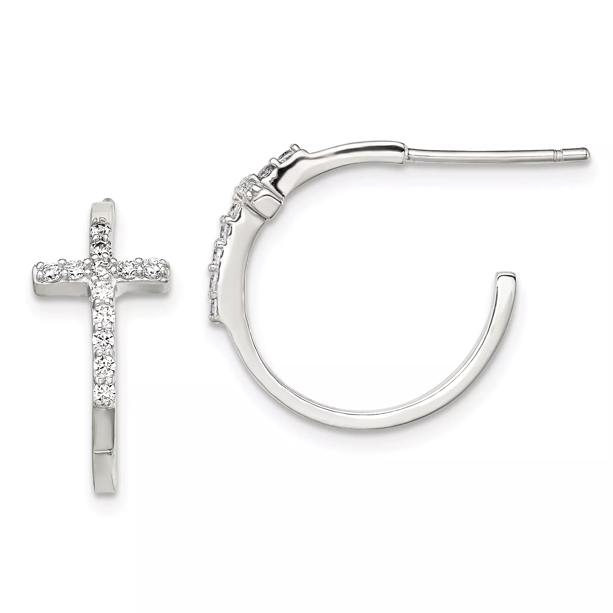 Sterling Silver Rhodium-Plated CZ Cross Hoop EarringsPolished Elegant Design