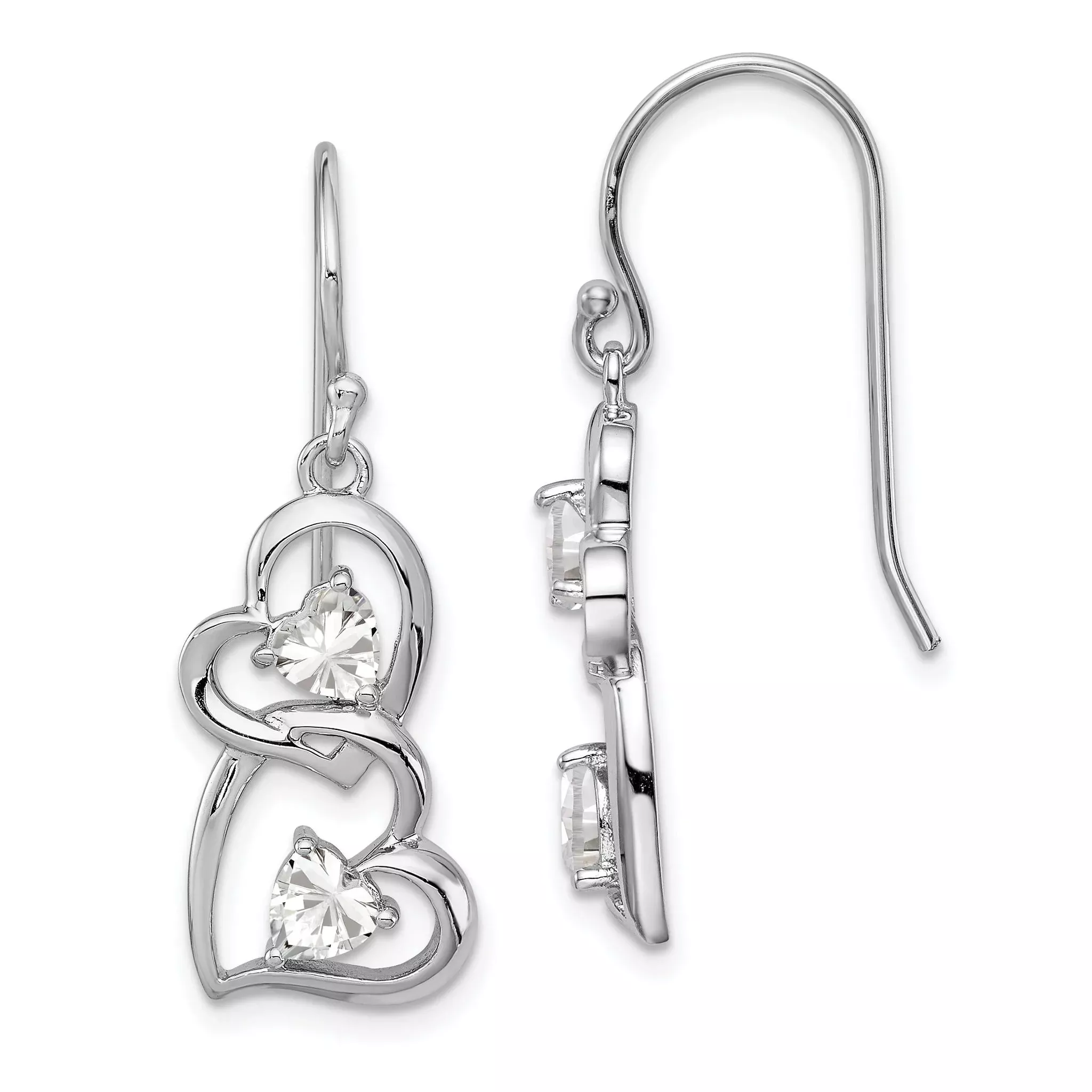 Sterling Silver Rhodium-Plated CZ Heart Dangle Earrings with Polished Finish