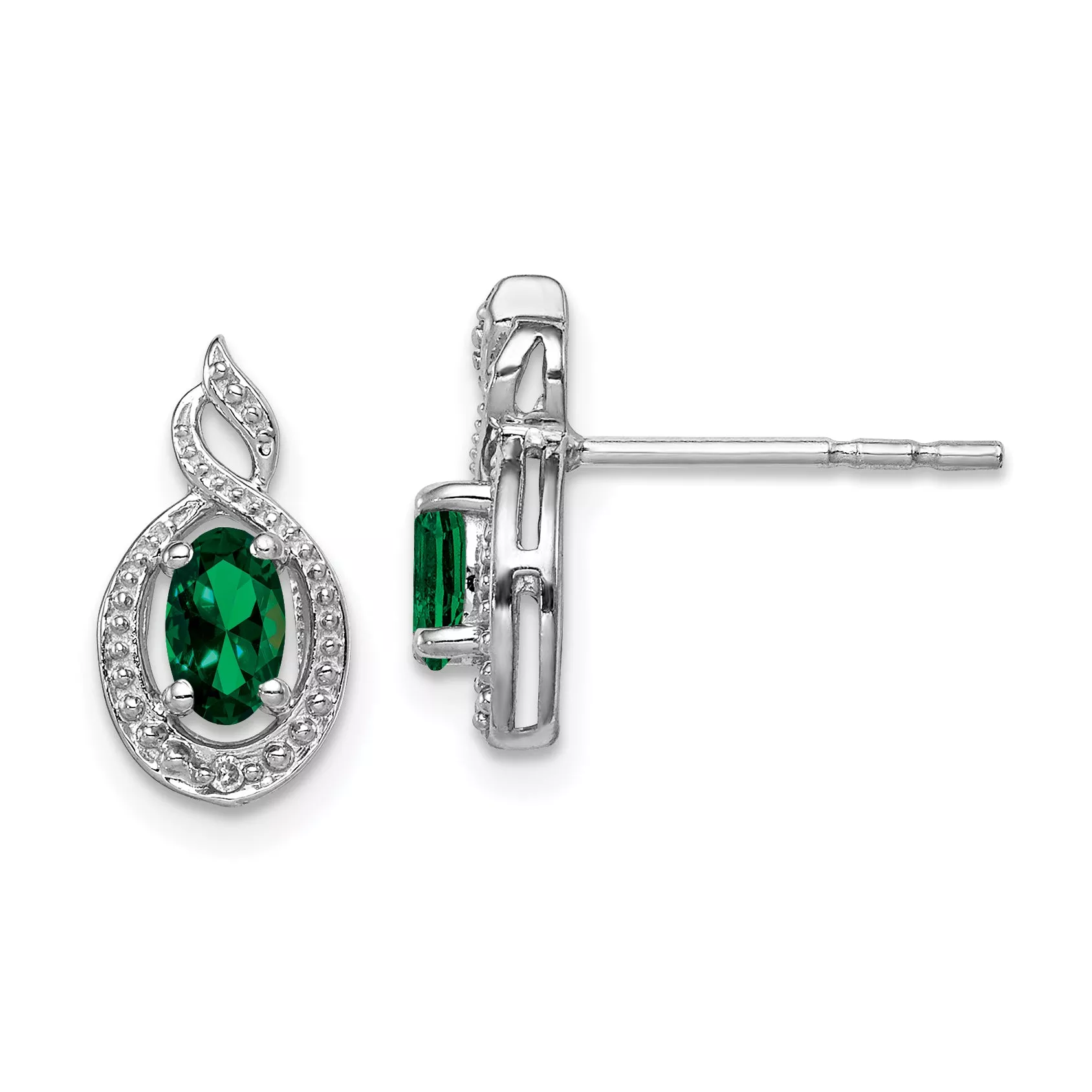 Sterling Silver Rhodium-Plated Emerald & Diamond Button EarringsElegant May Birthstone Design
