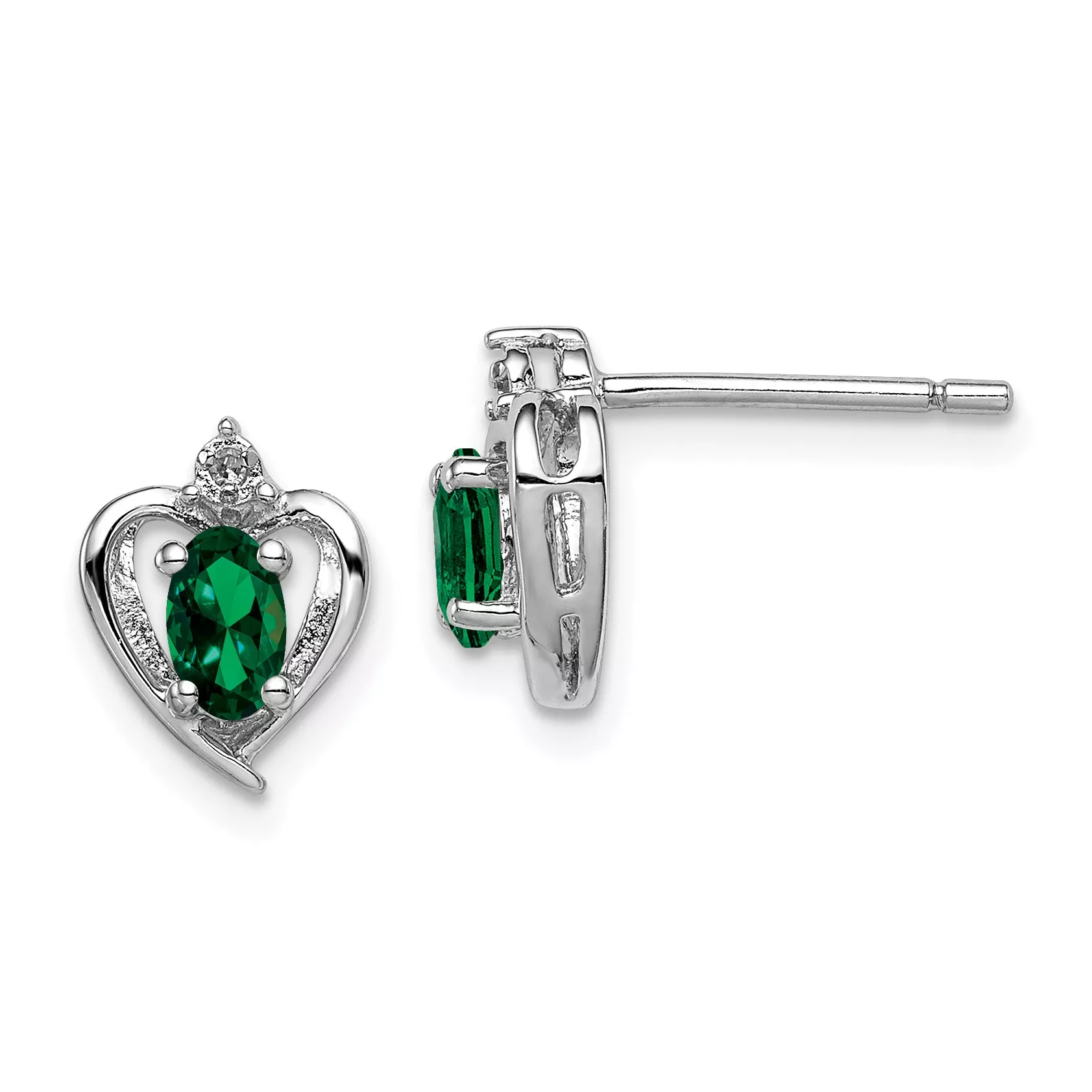 Sterling Silver Rhodium-Plated Emerald & Diamond EarringsElegant Birthstone Design