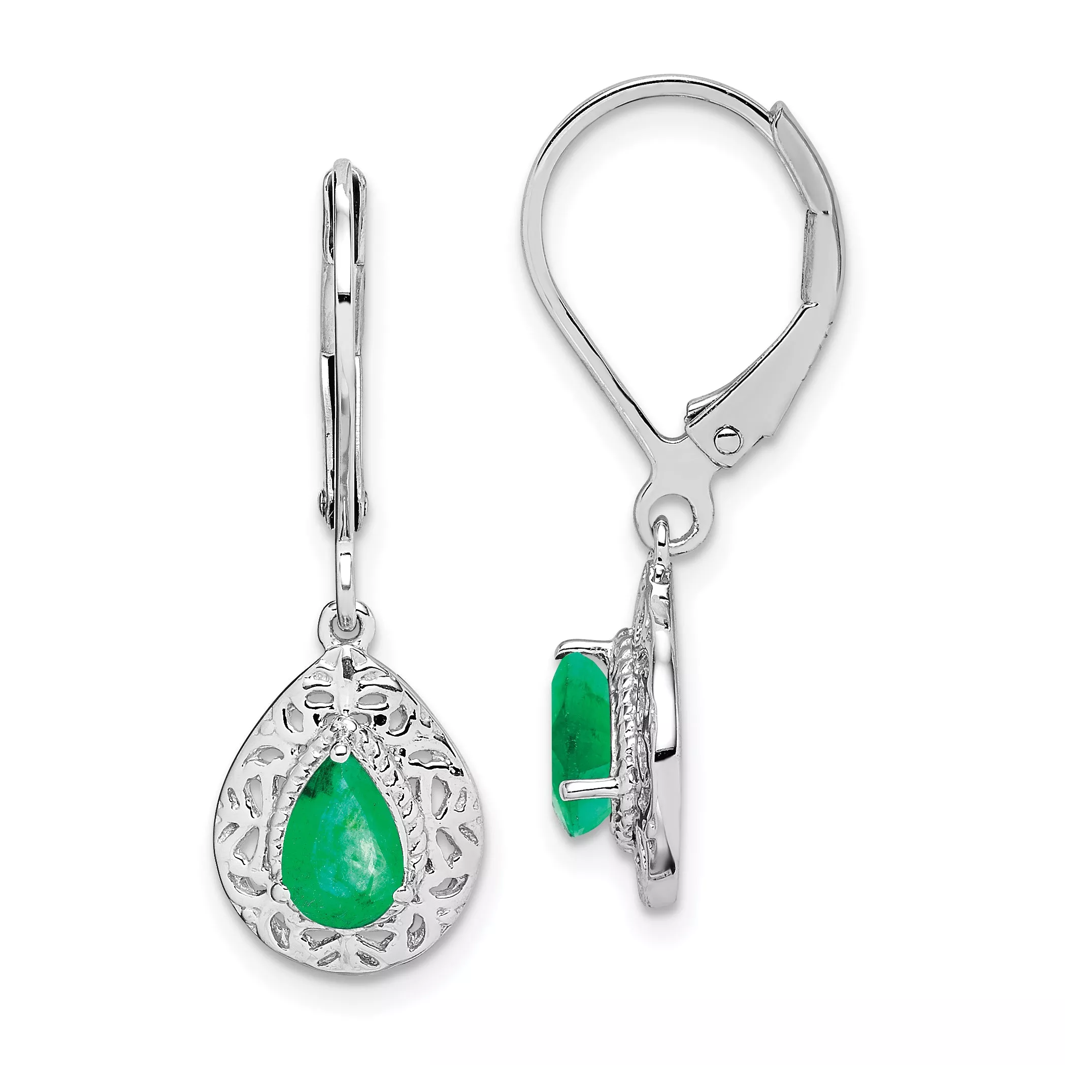 Sterling Silver Rhodium-Plated Emerald Teardrop Leverback EarringsElegant Birthstone Design