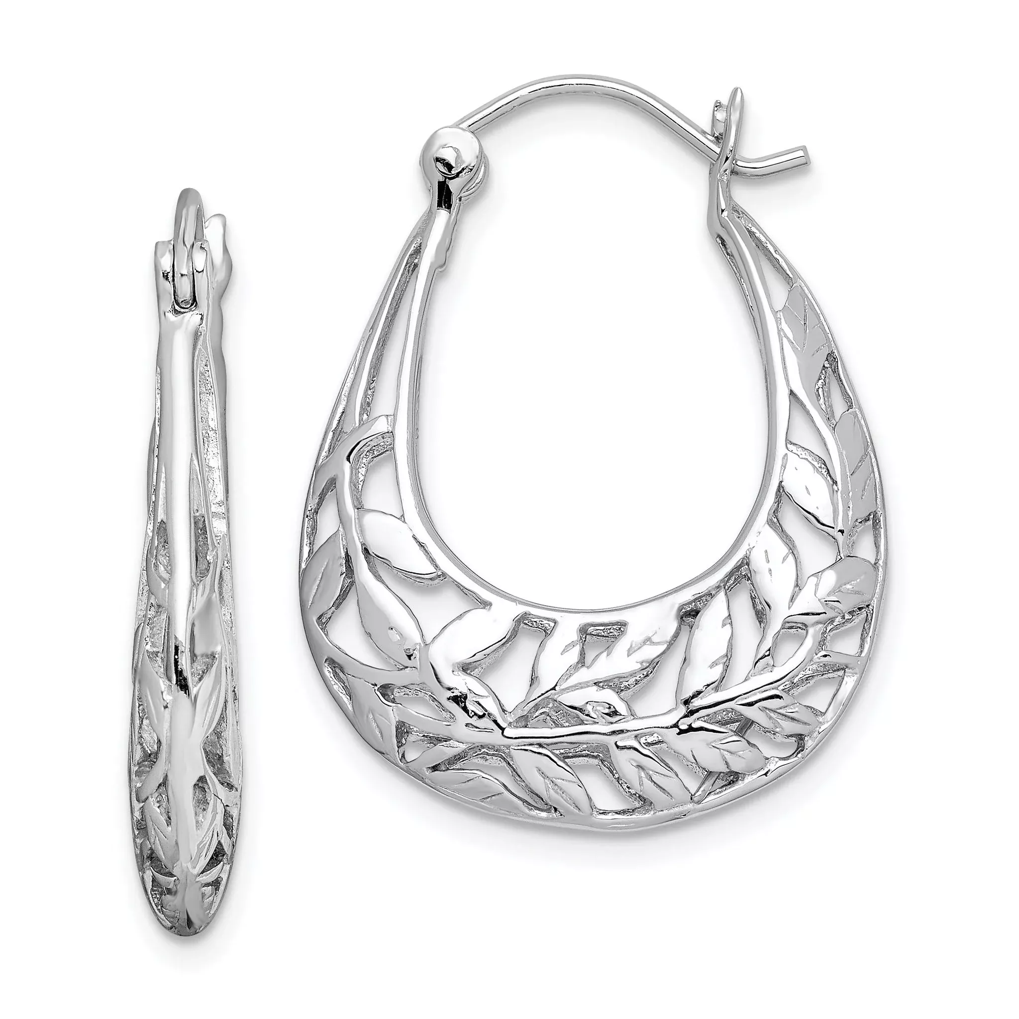 Sterling Silver Rhodium-Plated Filigree Oval Hoop EarringsPolished Leaf Design