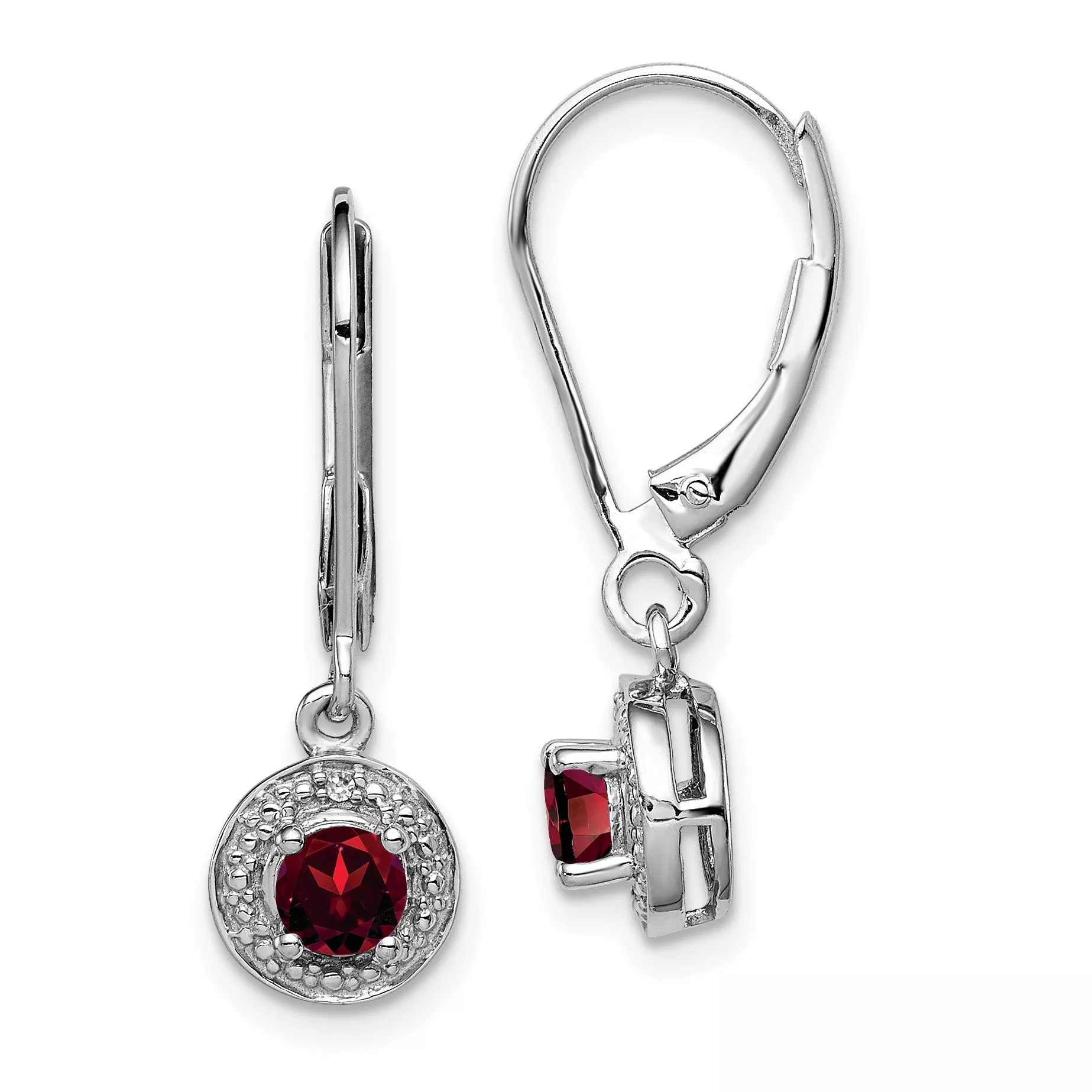 Sterling Silver Rhodium-Plated Garnet & Diamond Drop Earrings Polished Finish