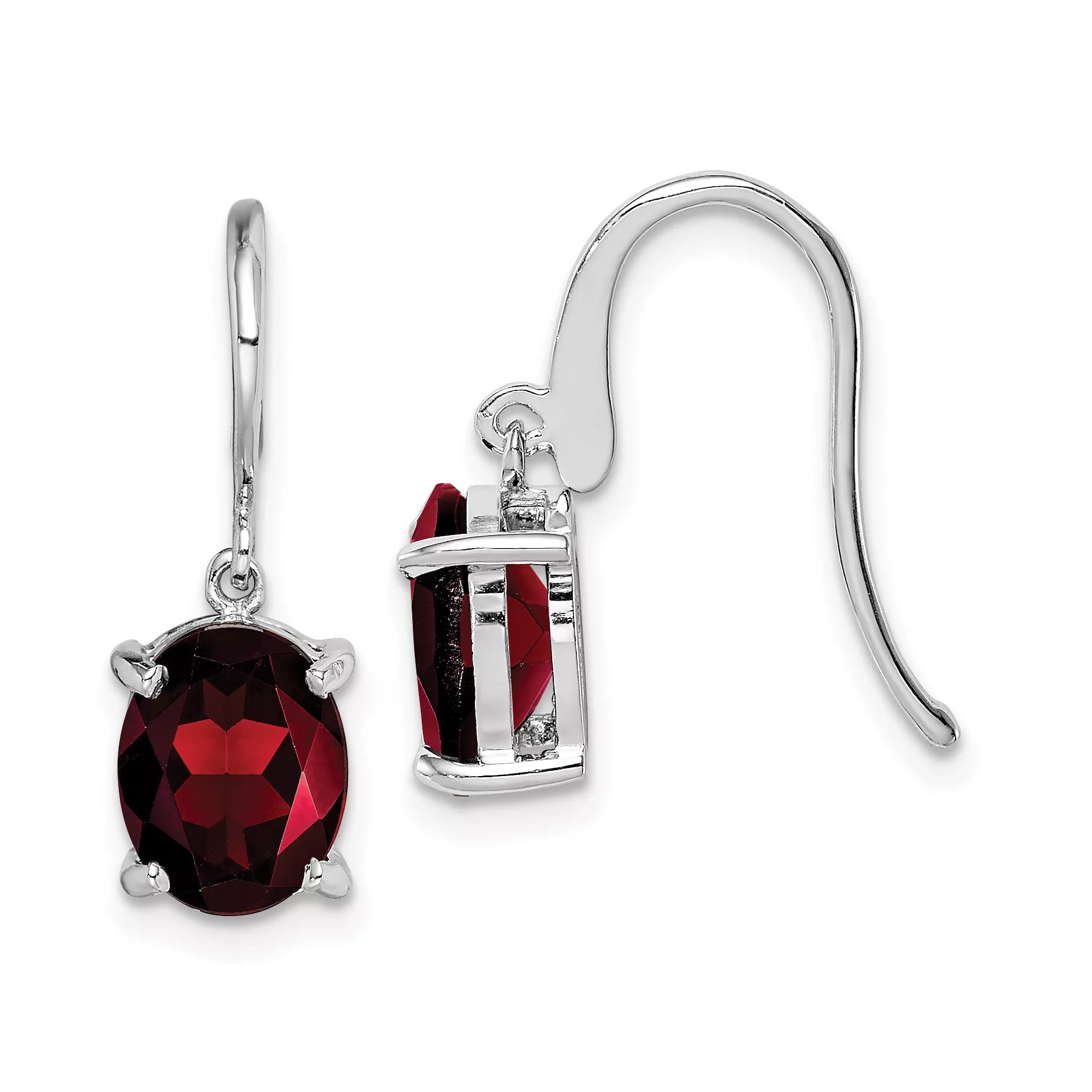 Sterling Silver Rhodium Plated Garnet Drop EarringsNatural Oval Stones, Polished Finish