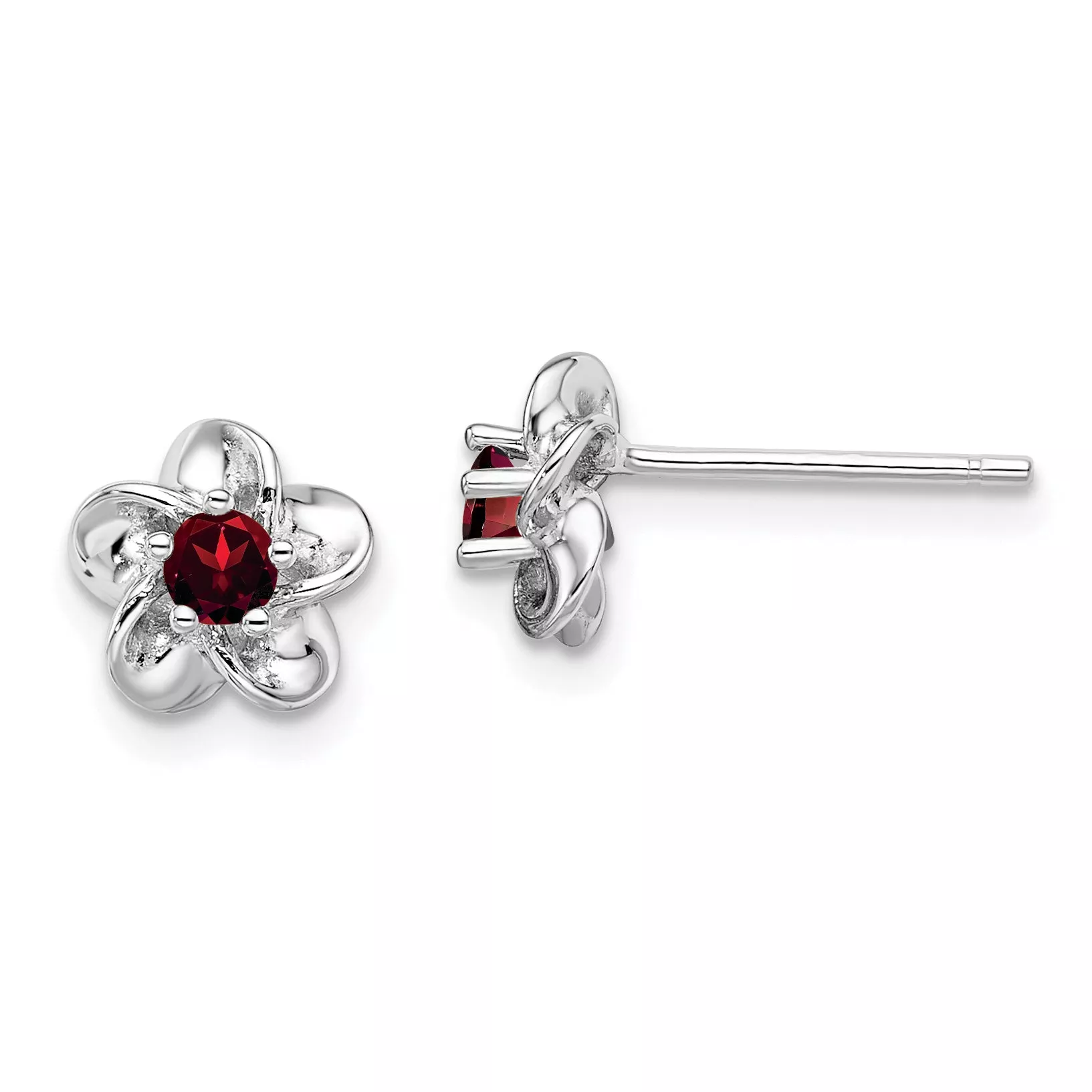 Sterling Silver Rhodium-Plated Garnet Floral Earrings with Polished Finish