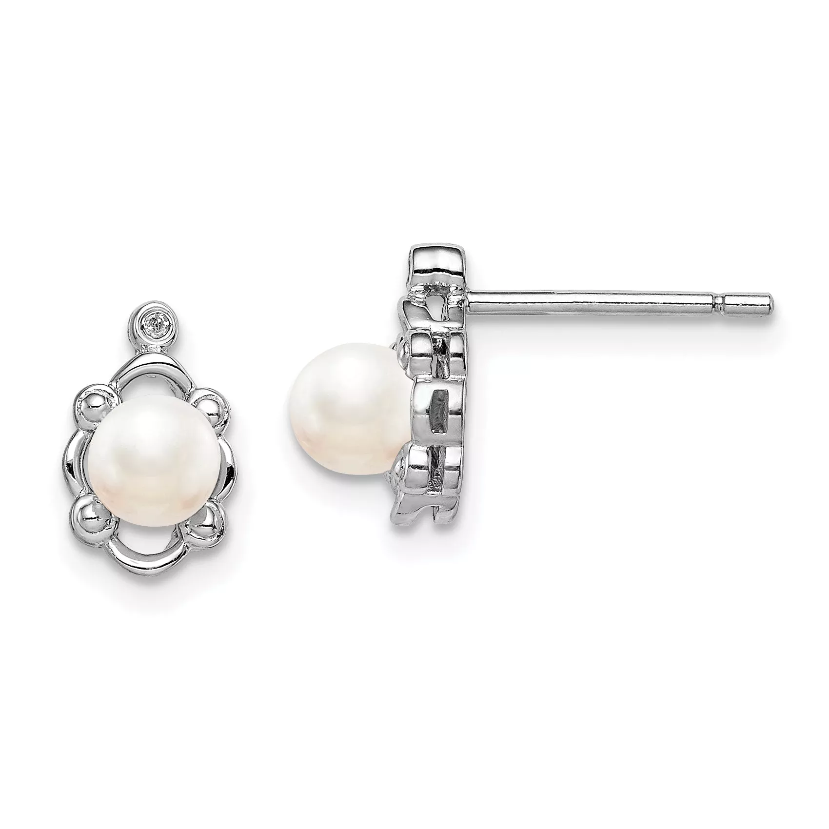 Sterling Silver Rhodium-Plated Pearl & Diamond Button EarringsElegant June Birthstone Design