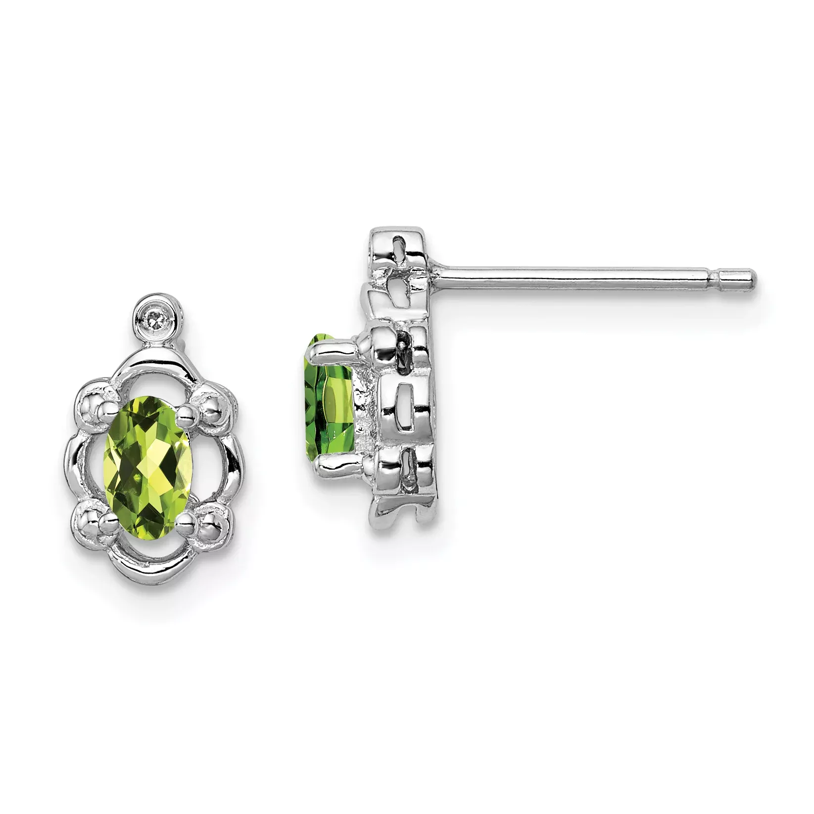 Sterling Silver Rhodium-Plated Peridot & Diamond Earrings Polished, Natural Stones