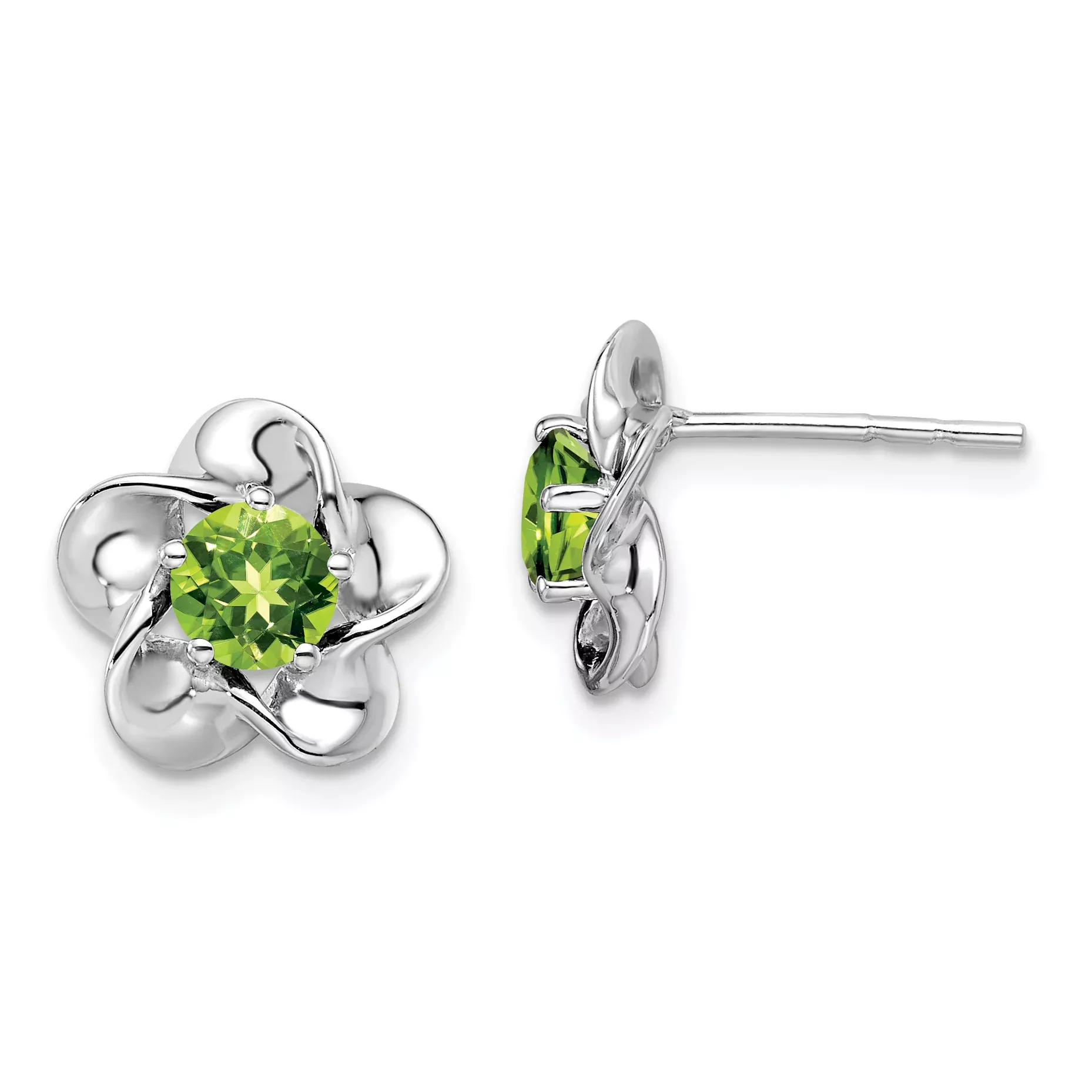 Sterling Silver Rhodium-Plated Peridot Floral EarringsPolished, Natural Gemstone