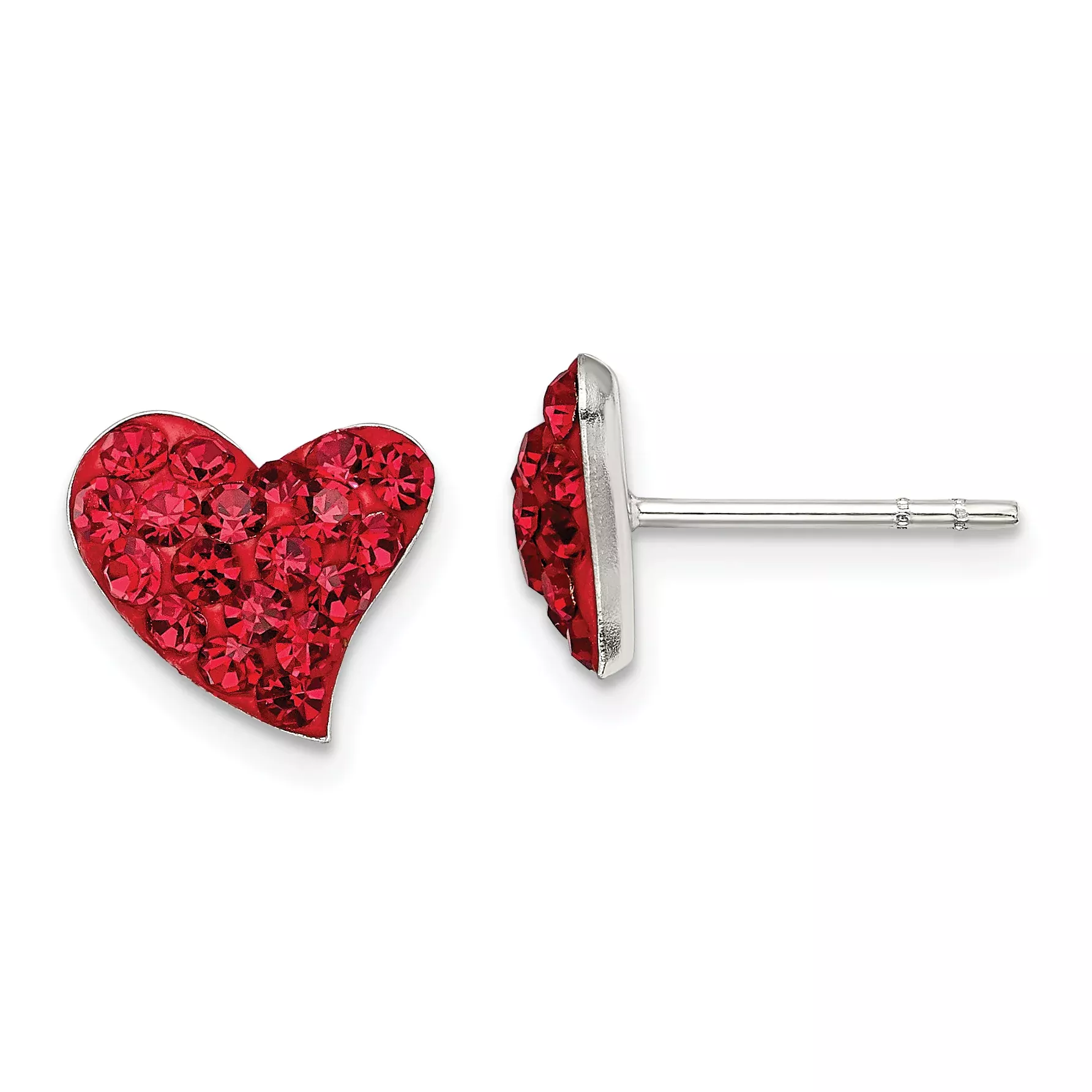Sterling Silver Rhodium-Plated Red Crystal Heart Earrings for Timeless Elegance