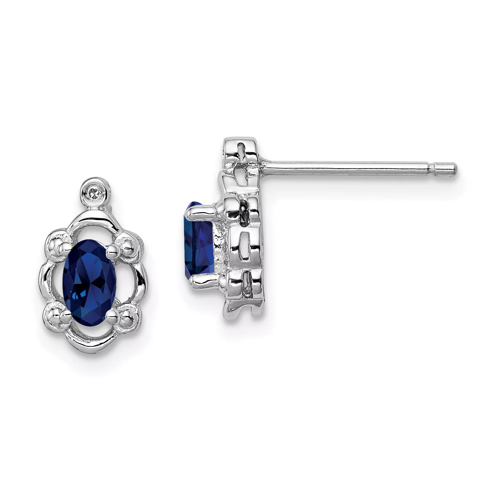 Sterling Silver Rhodium-Plated Sapphire & Diamond Earrings Polished, Elegant Birthstone Style