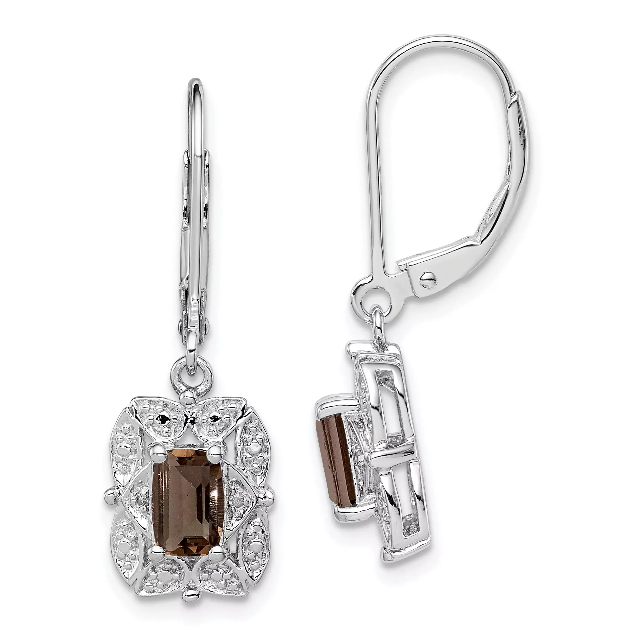 Sterling Silver Rhodium-Plated Smoky Quartz and Diamond Drop EarringsElegant Leverback Design