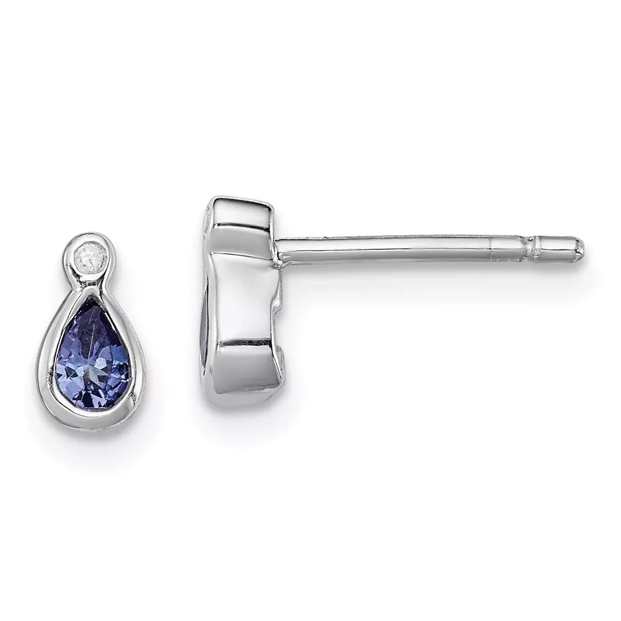 Sterling Silver Rhodium-Plated Tanzanite & Diamond Button Earrings Elegant Pear Design