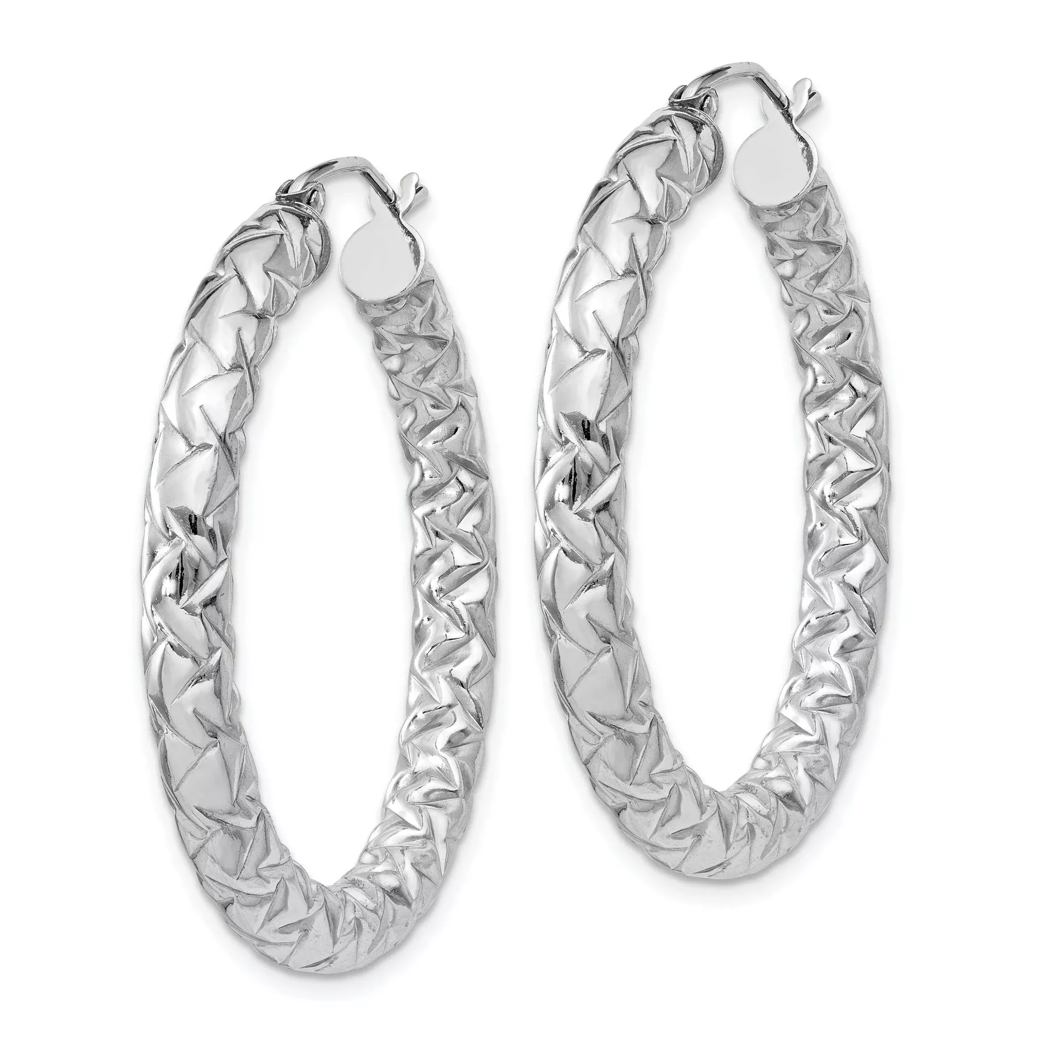 Sterling Silver Rhodium-Plated Textured Hoop Earrings Polished 4x37mm Design