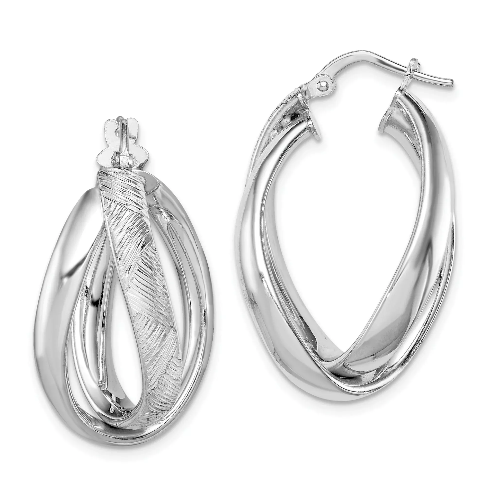 Sterling Silver Rhodium-Plated Twisted Oval Hoop Earrings with Polished Diamond-Cut Finish 25mm