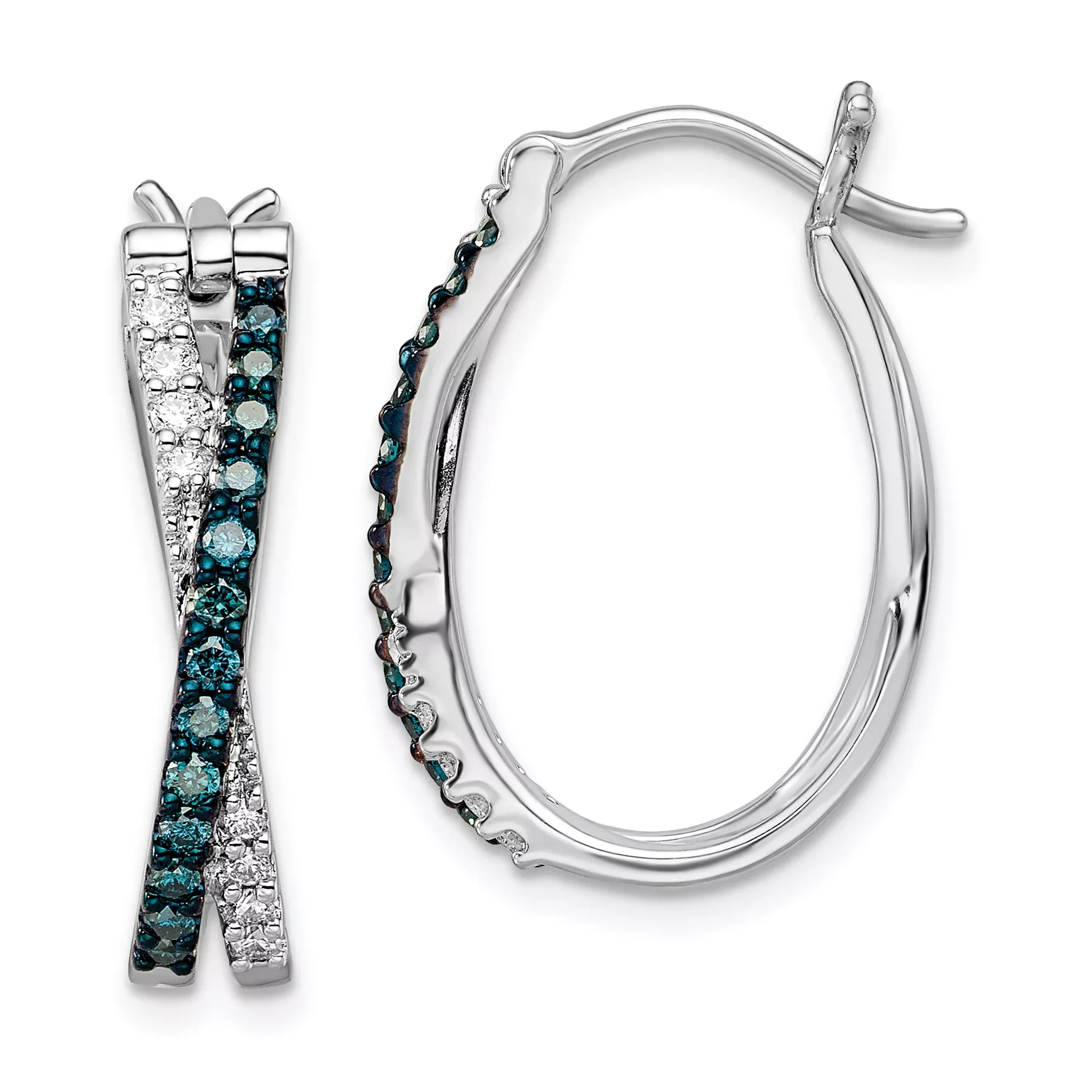 Sterling Silver Rhodium-Plated White & Blue Diamond Hoop EarringsGift Ready Elegant Design.