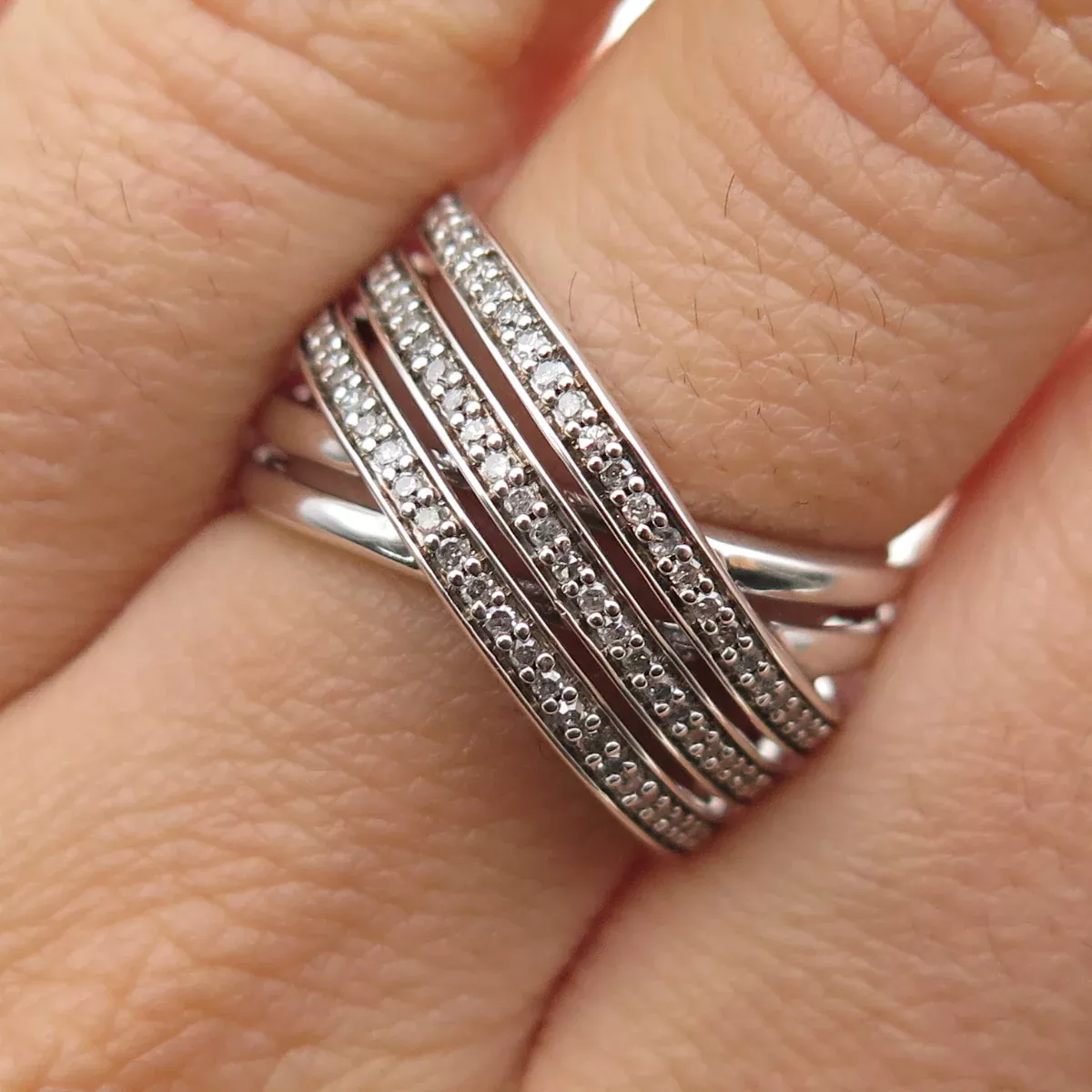 SUN 925 Sterling Silver Real Round-Cut Diamond Crisscross Ring Size 7