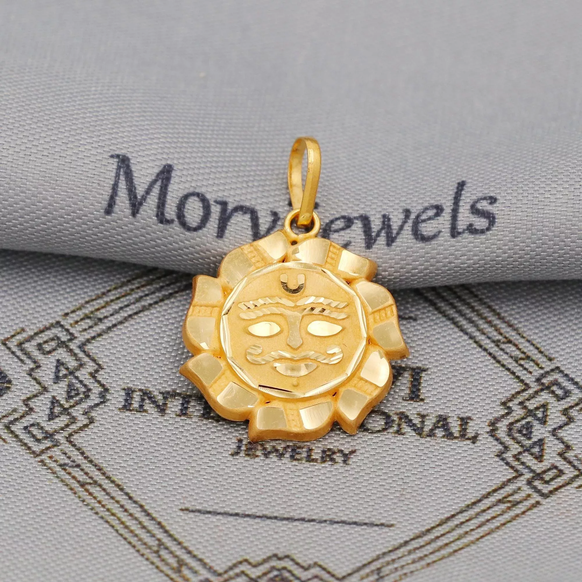 thin dainty 18k gold pendant sun moon face, Handmade Carved design India Pendant Locket, K6438