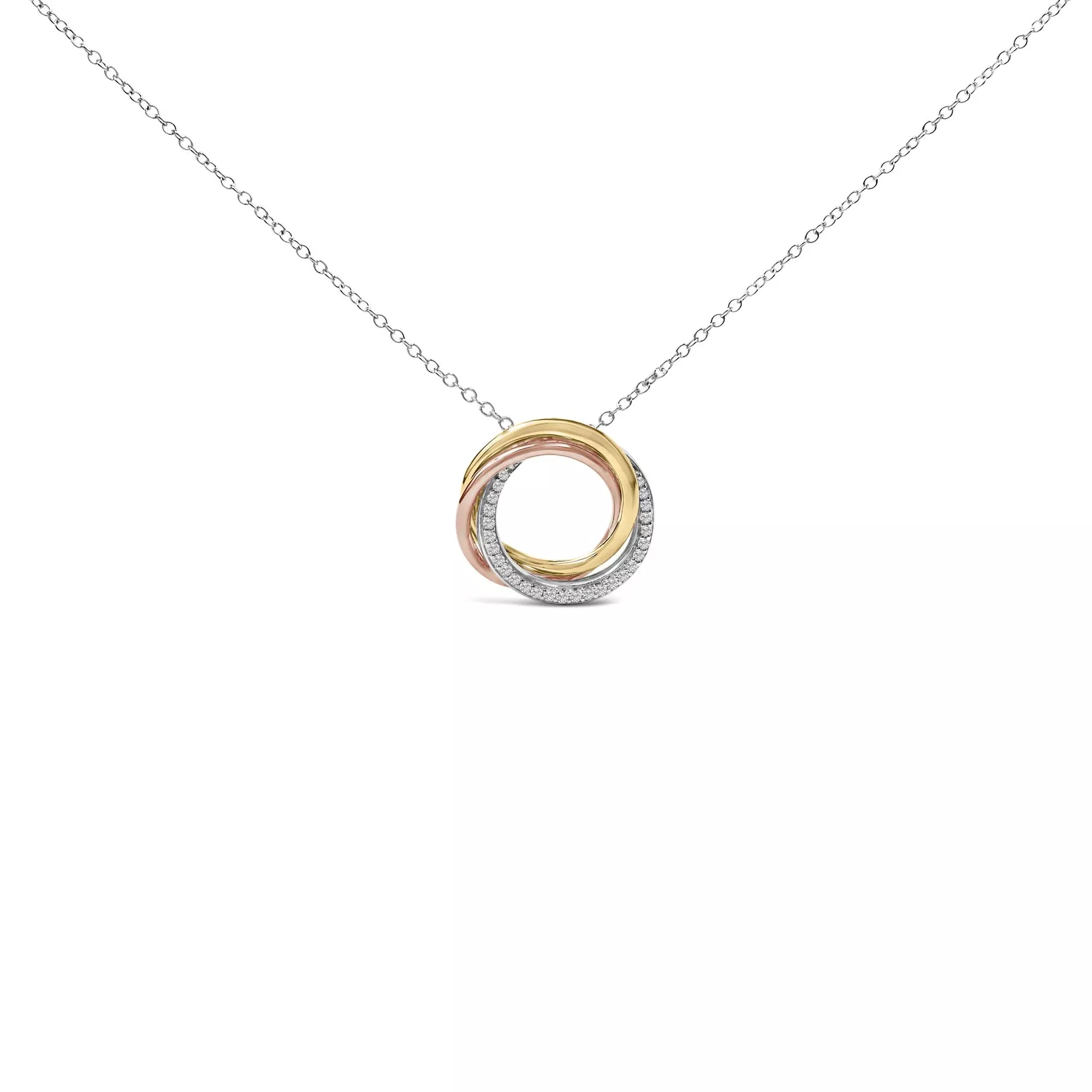 Tri Tone Sterling Silver 1/5 Cttw Diamond Interlocking Circle Pendant Necklace