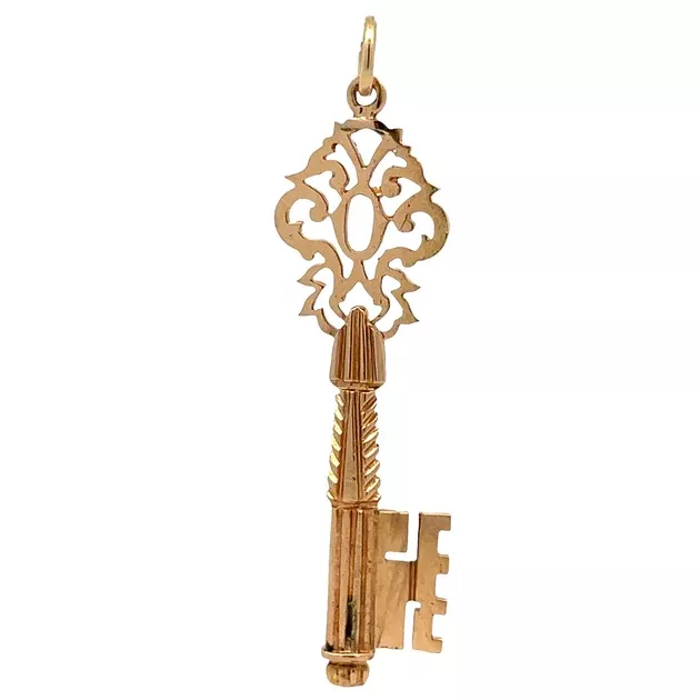 Victorian 18K Rose Gold Ornate Key Pendant With Hand Carved Bow